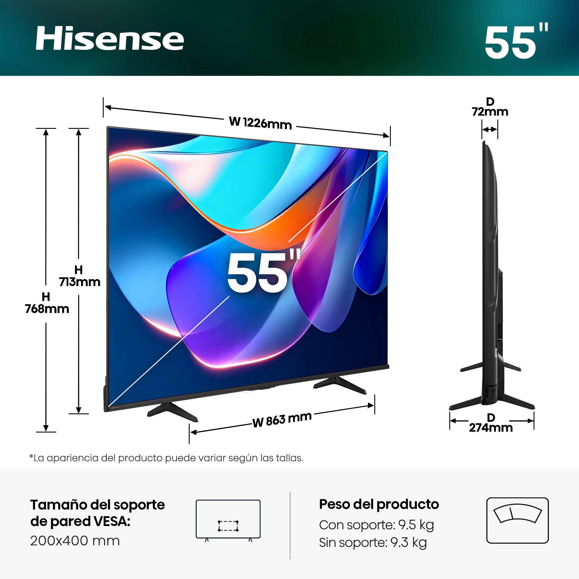 Televisor Hisense de 55 pulgadas con dimensiones: An 1226mm, Al 713/768mm, Pr 72/274mm.