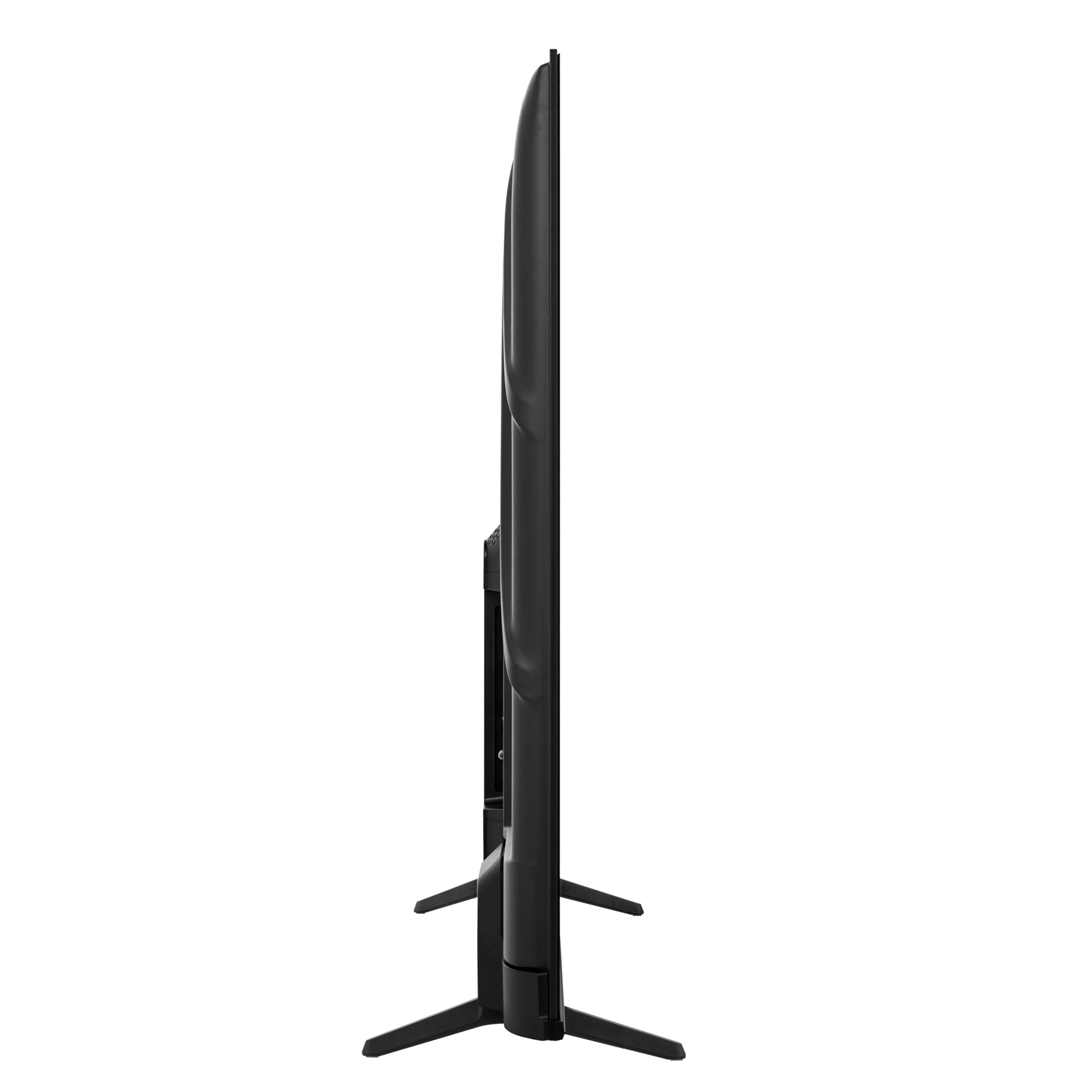 Un televisor negro con soporte, visto de lado. Diseño minimalista.