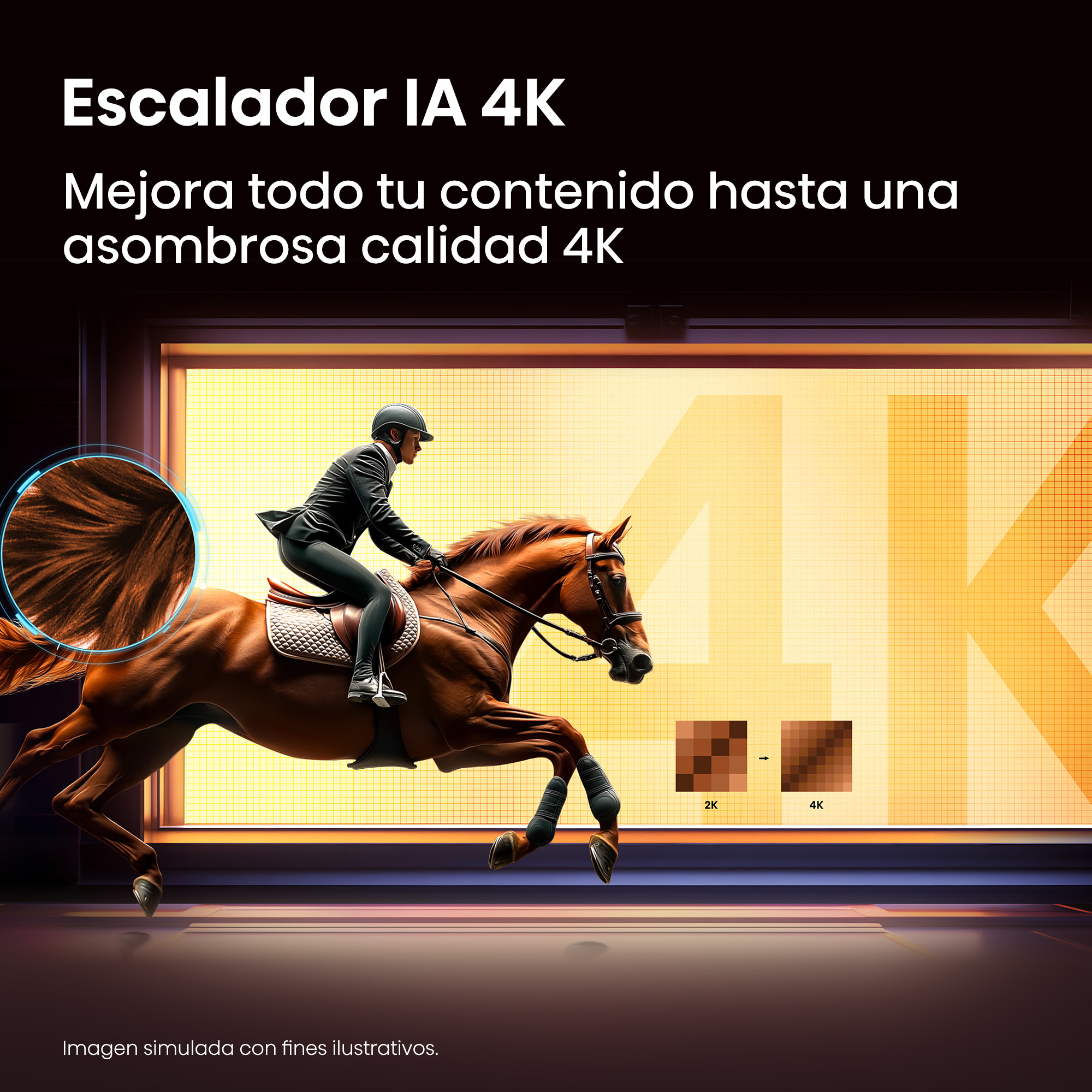 Un jinete de negro sobre un caballo marrón ante un fondo 4K. Primer plano del detalle del pelo.
