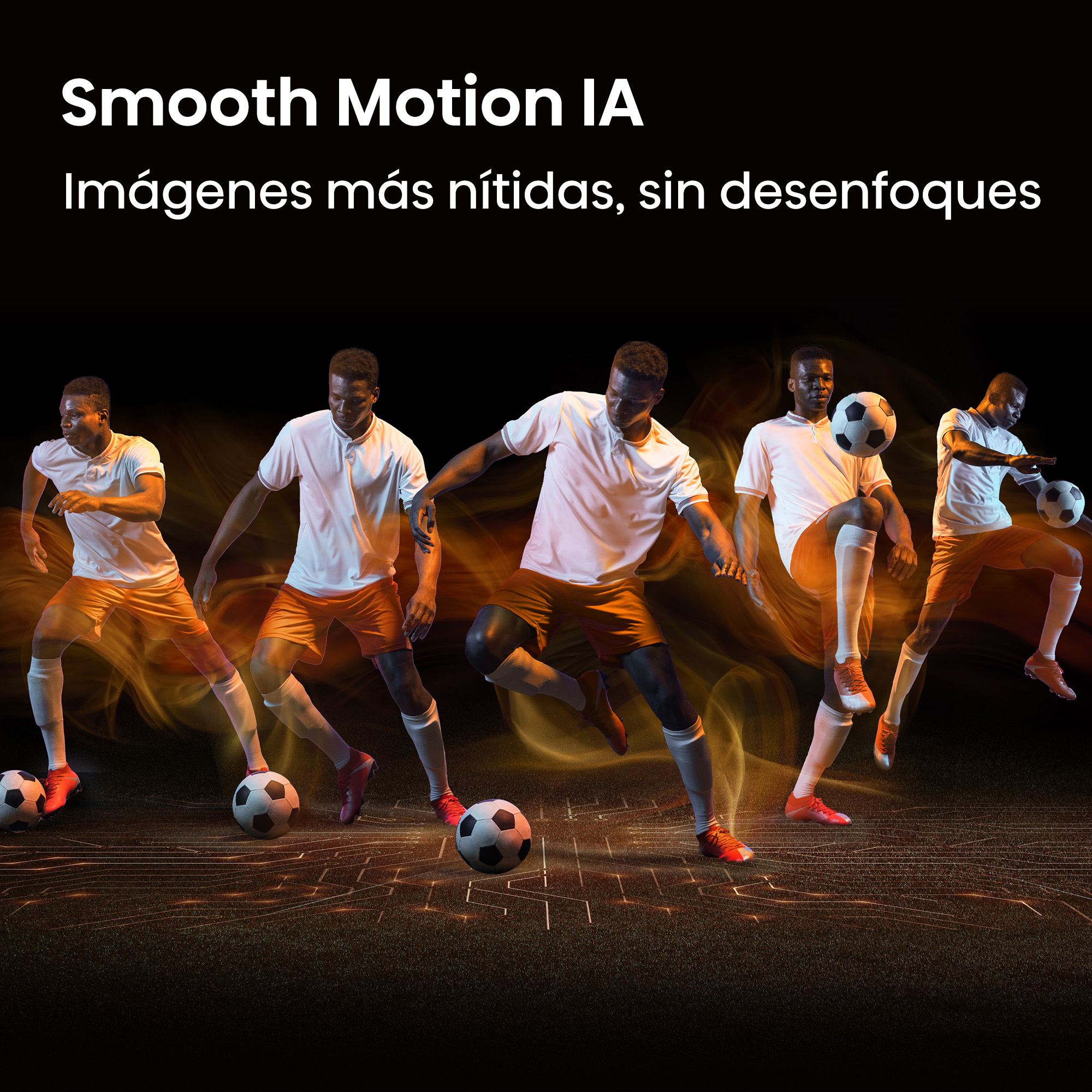 Cinco futbolistas de naranja y blanco en movimiento, con efectos de llama.