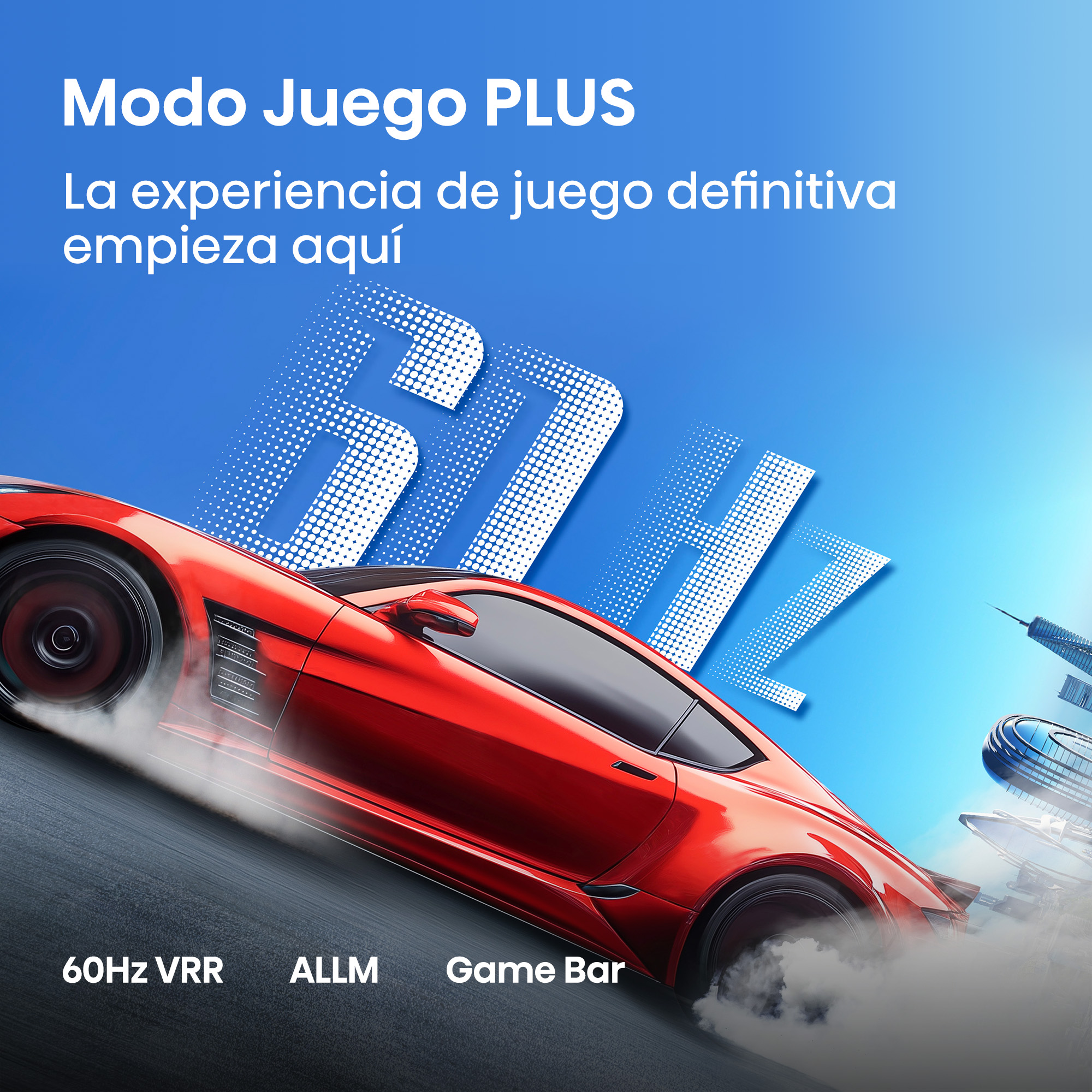 Coche deportivo rojo conduciendo con humo. "Modo Juego PLUS" está arriba.