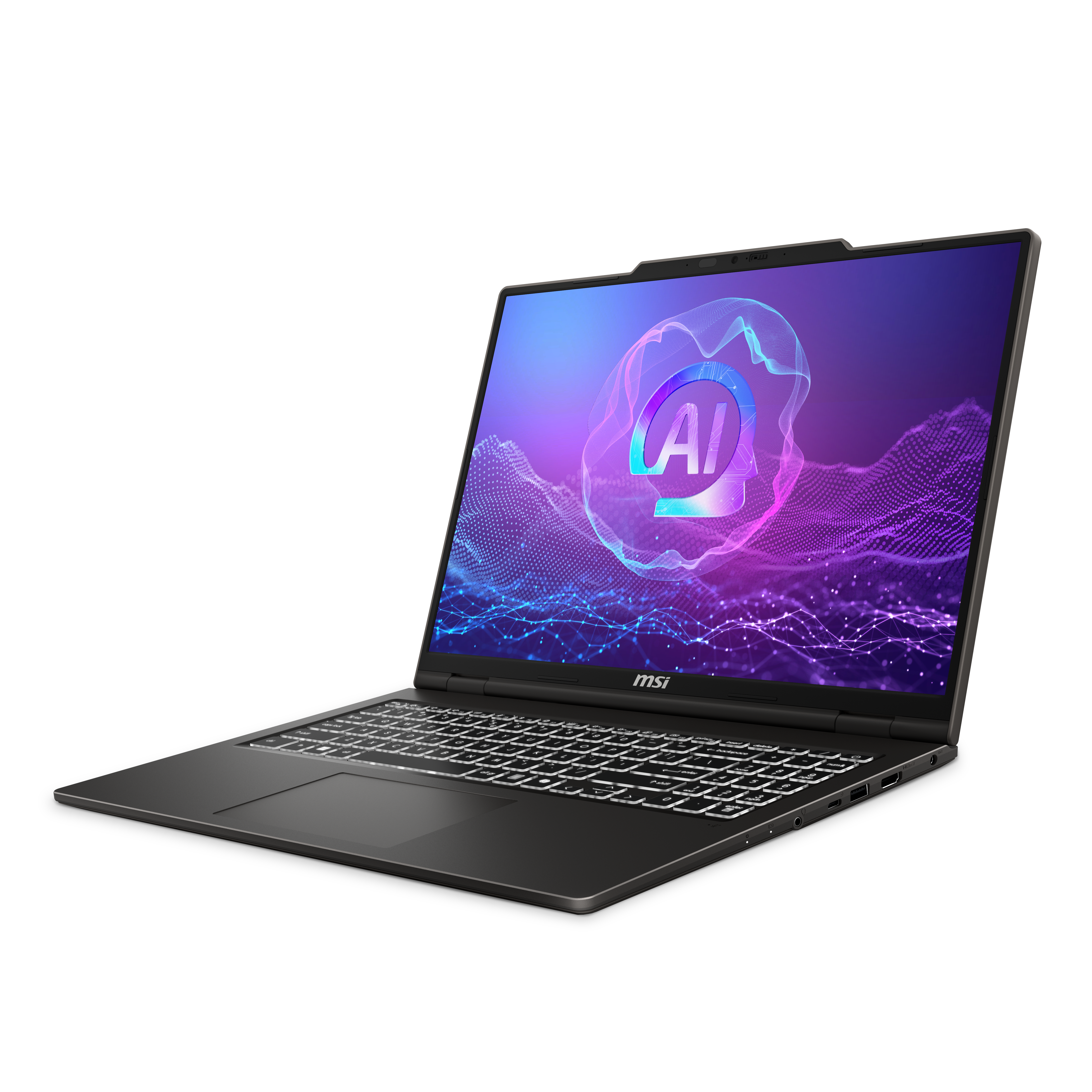Un ordinateur portable MSI noir avec logo IA à l'écran, clavier blanc.