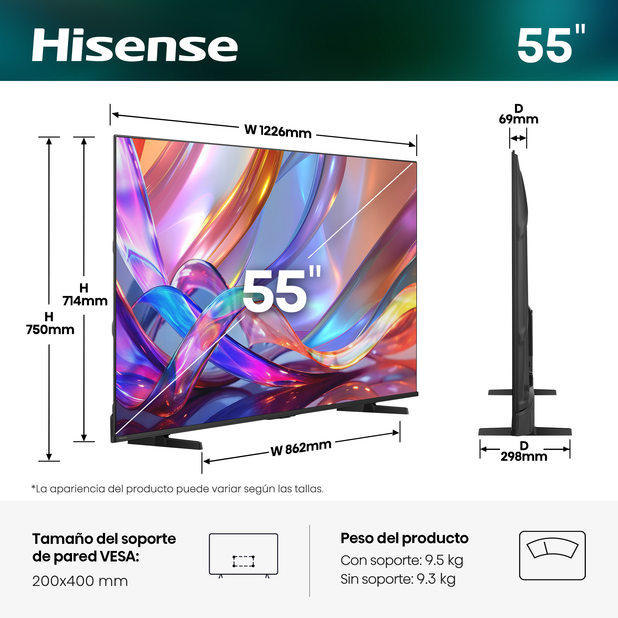 Un televisor Hisense de 55 pulgadas con dimensiones y peso.