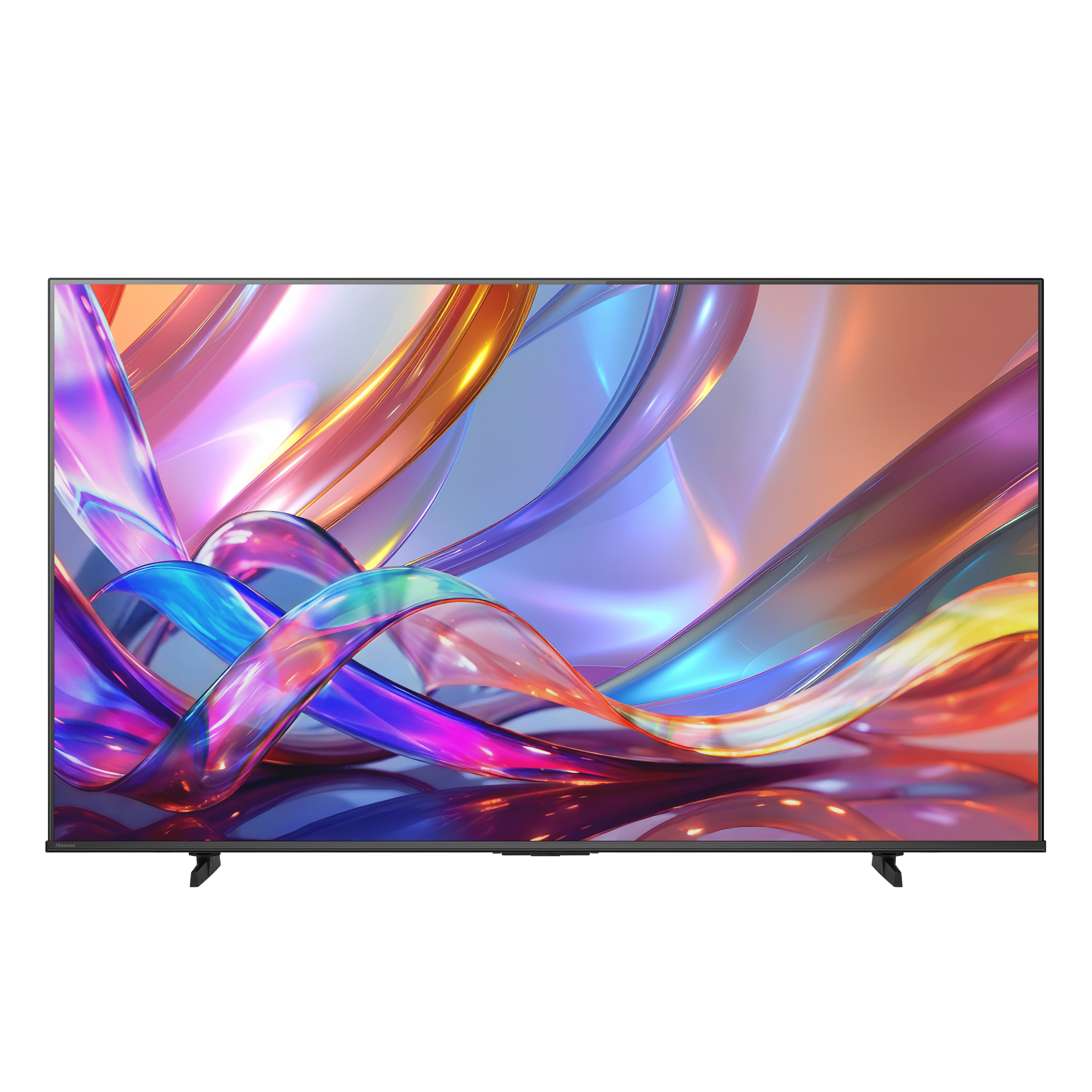 Un televisor moderno que muestra un fondo abstracto y dinámico en tonos púrpuras, azules y naranjas.