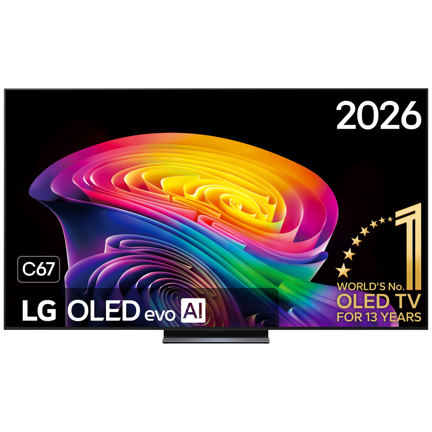 Een LG OLED evo AI C67 TV met een kleurrijk abstract ontwerp op het scherm.