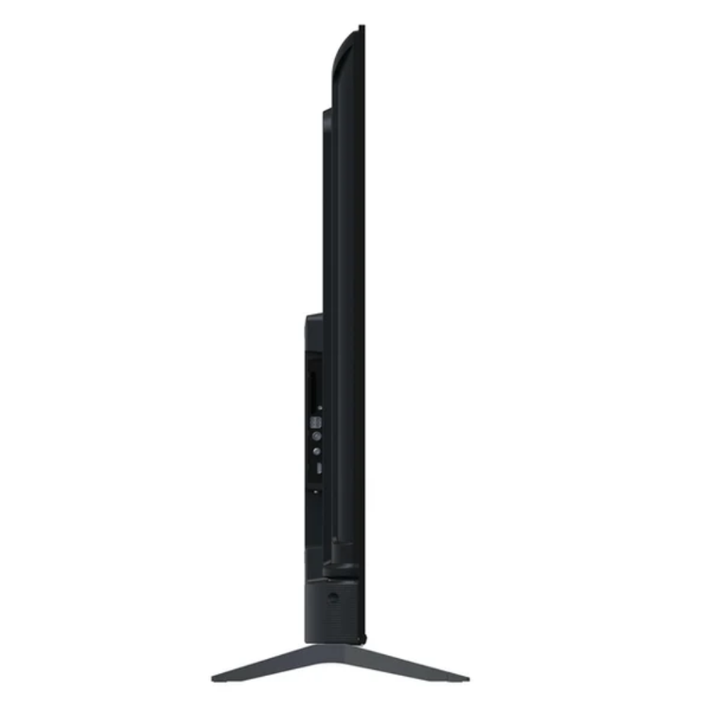 Televisor negro sobre peana, vista lateral con puertos.