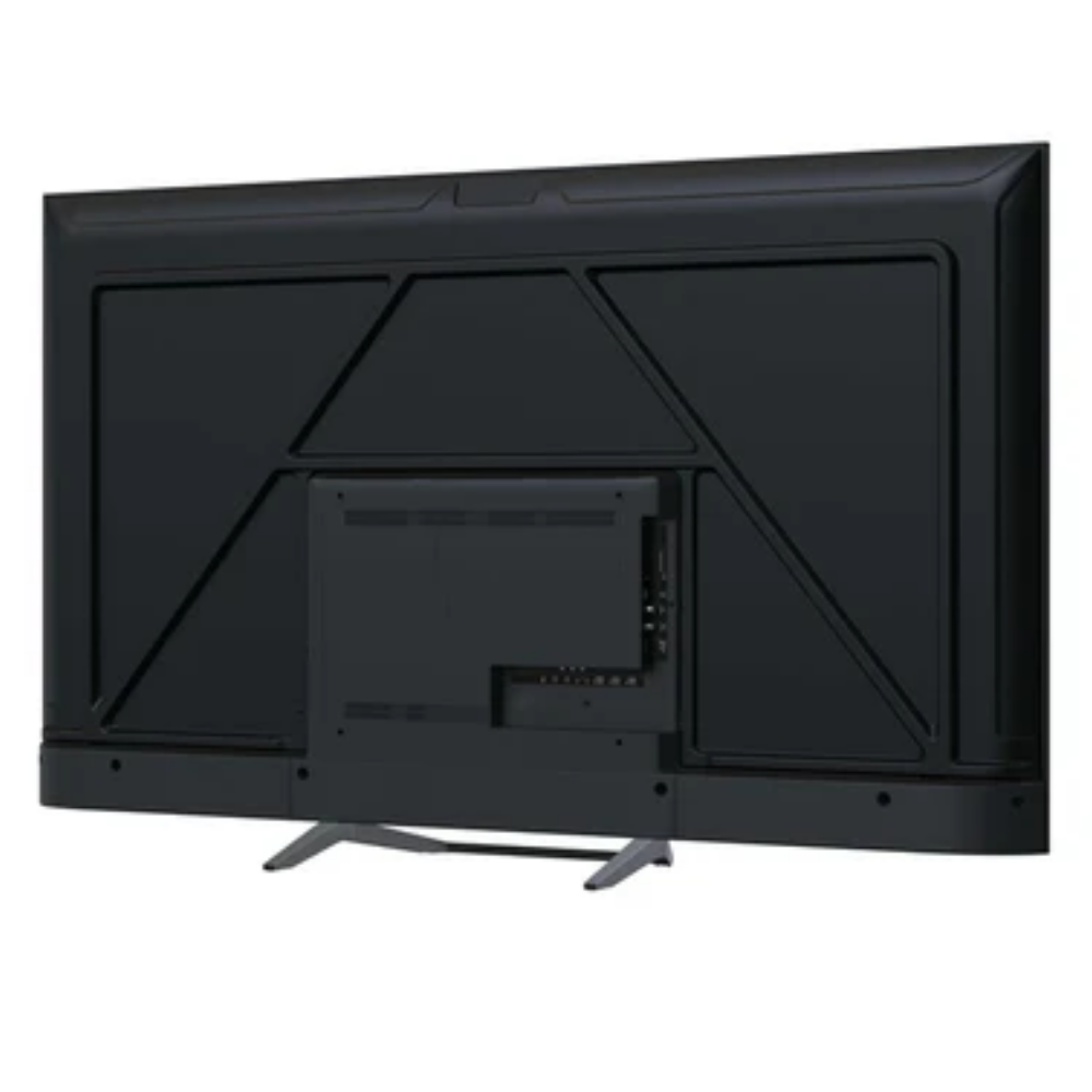 La parte trasera de un televisor negro con soporte.