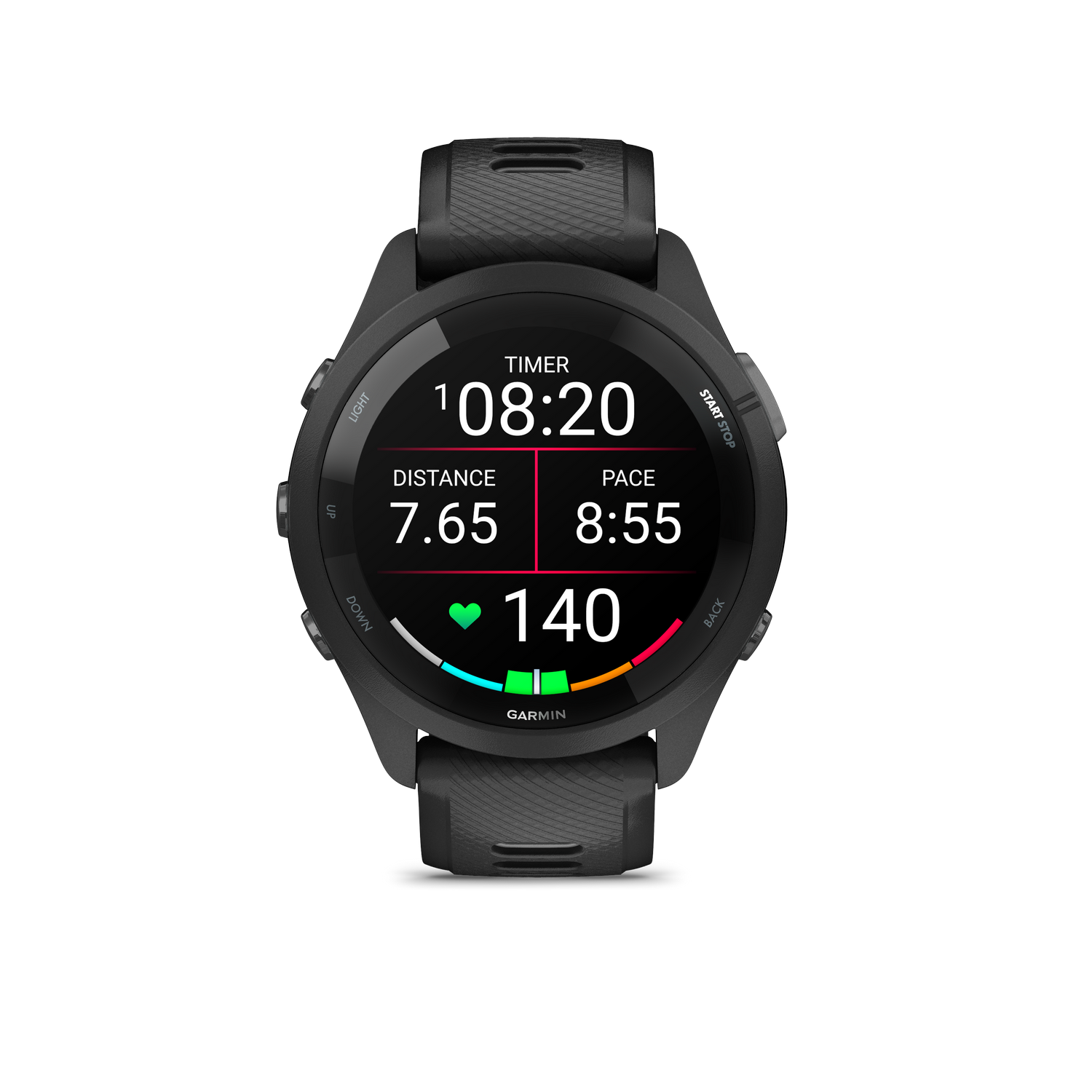 Reloj Garmin negro muestra temporizador, distancia, ritmo y frecuencia cardíaca.