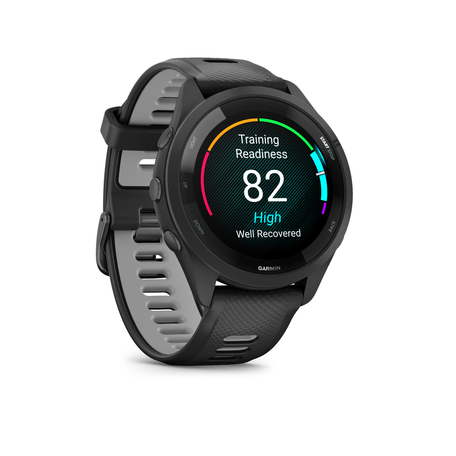 Un reloj inteligente Garmin negro que muestra "Training Readiness 82 High".
