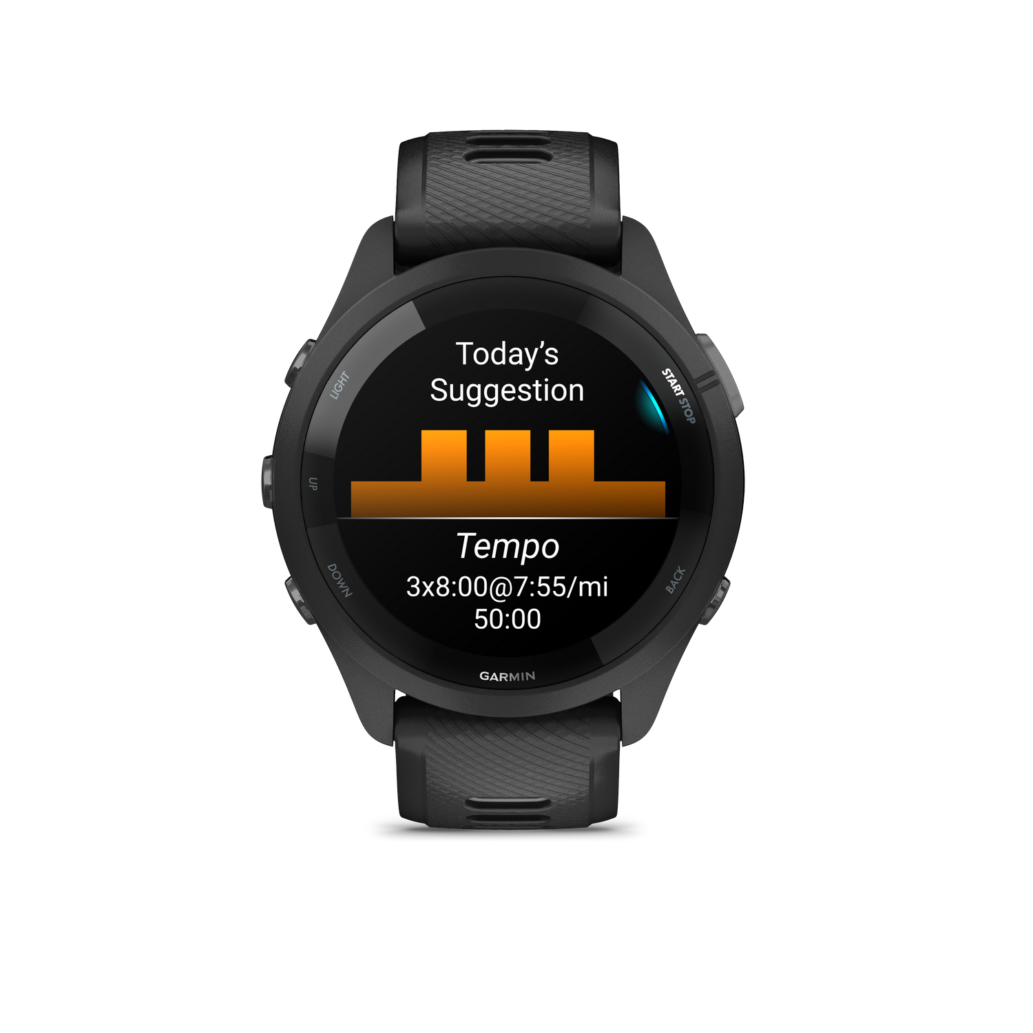 Reloj Garmin negro muestra sugerencia de tempo: 3x8:00 a 7:55/mi durante 50:00.