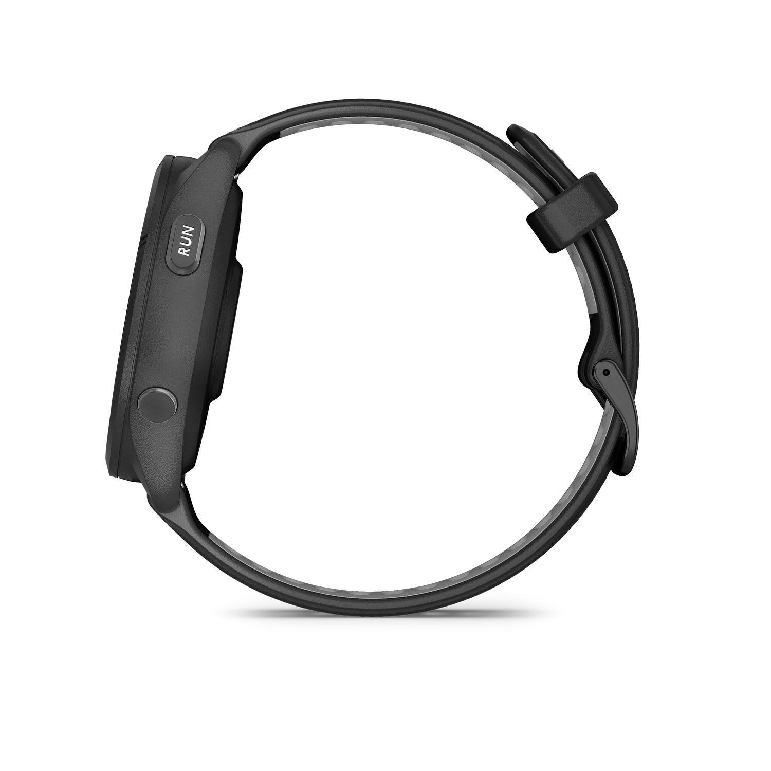 Reloj inteligente gris con correa negra, vista lateral.