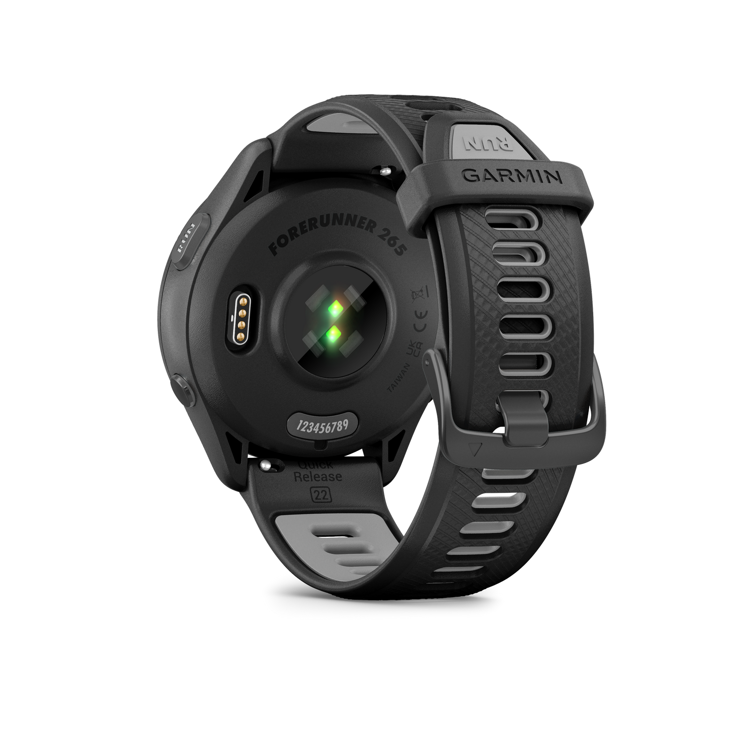 La parte trasera de un reloj inteligente Garmin Forerunner 265 negro con sensores.