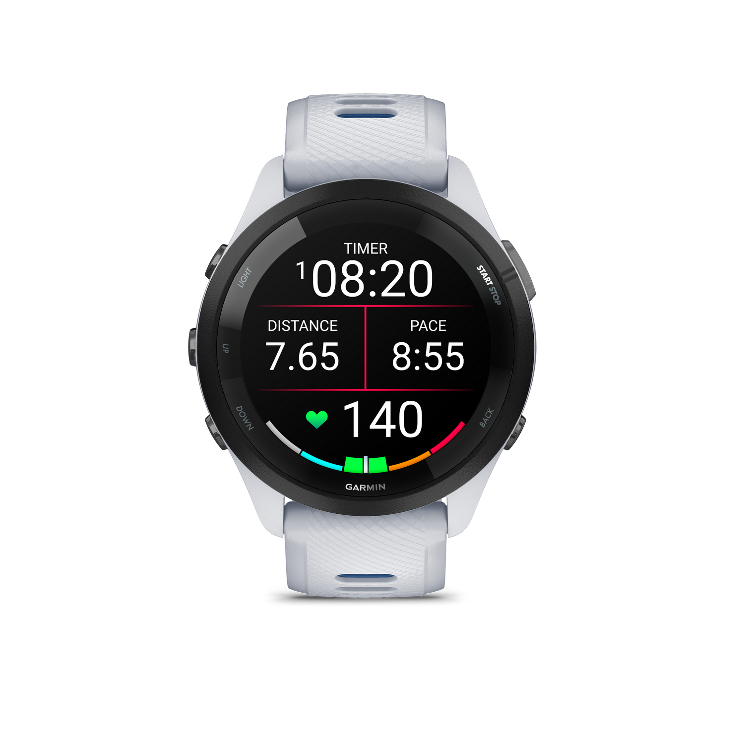 Un reloj inteligente Garmin blanco muestra temporizador, distancia, ritmo y ritmo cardíaco.