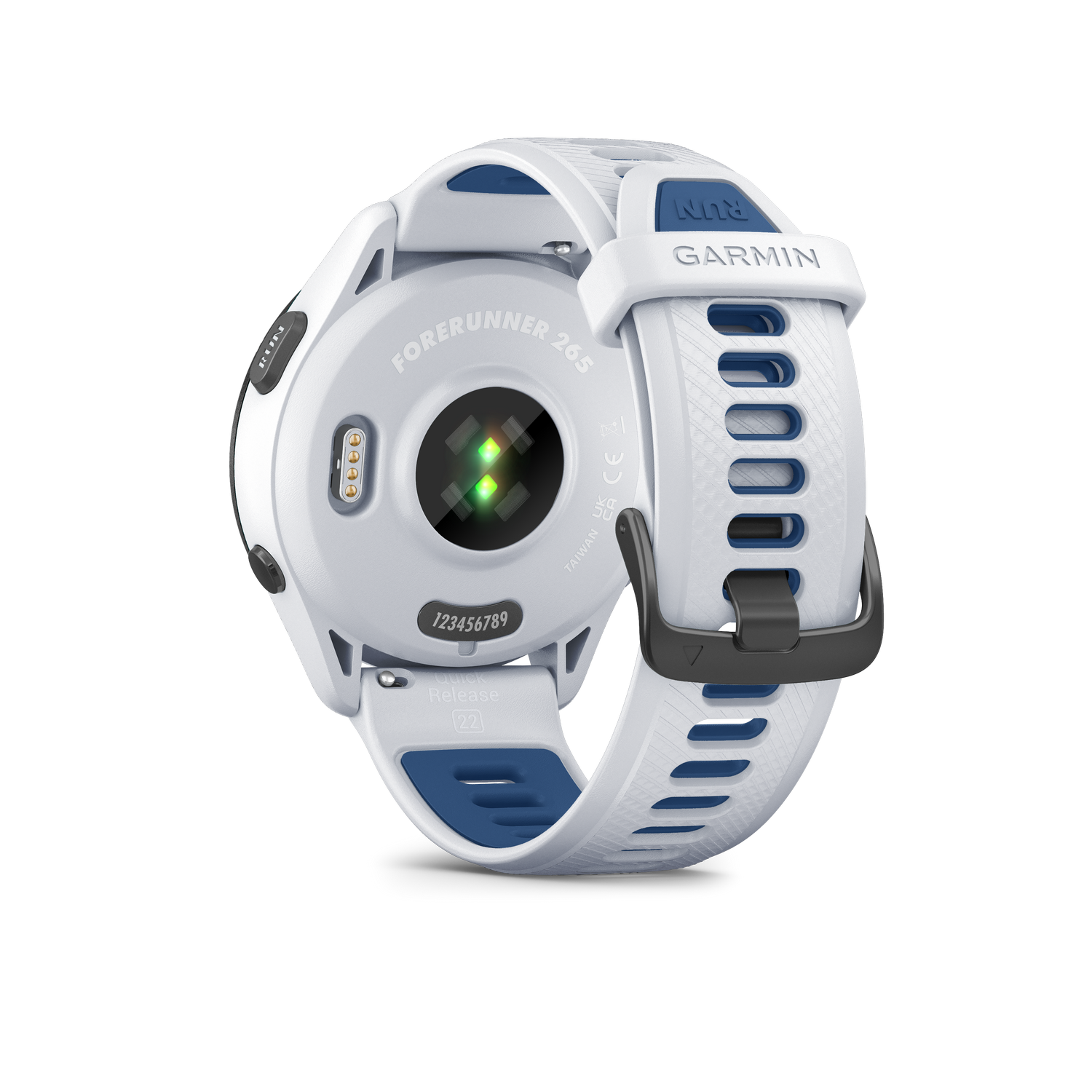 Reloj inteligente Garmin Forerunner 265 blanco con detalles azules y sensor.