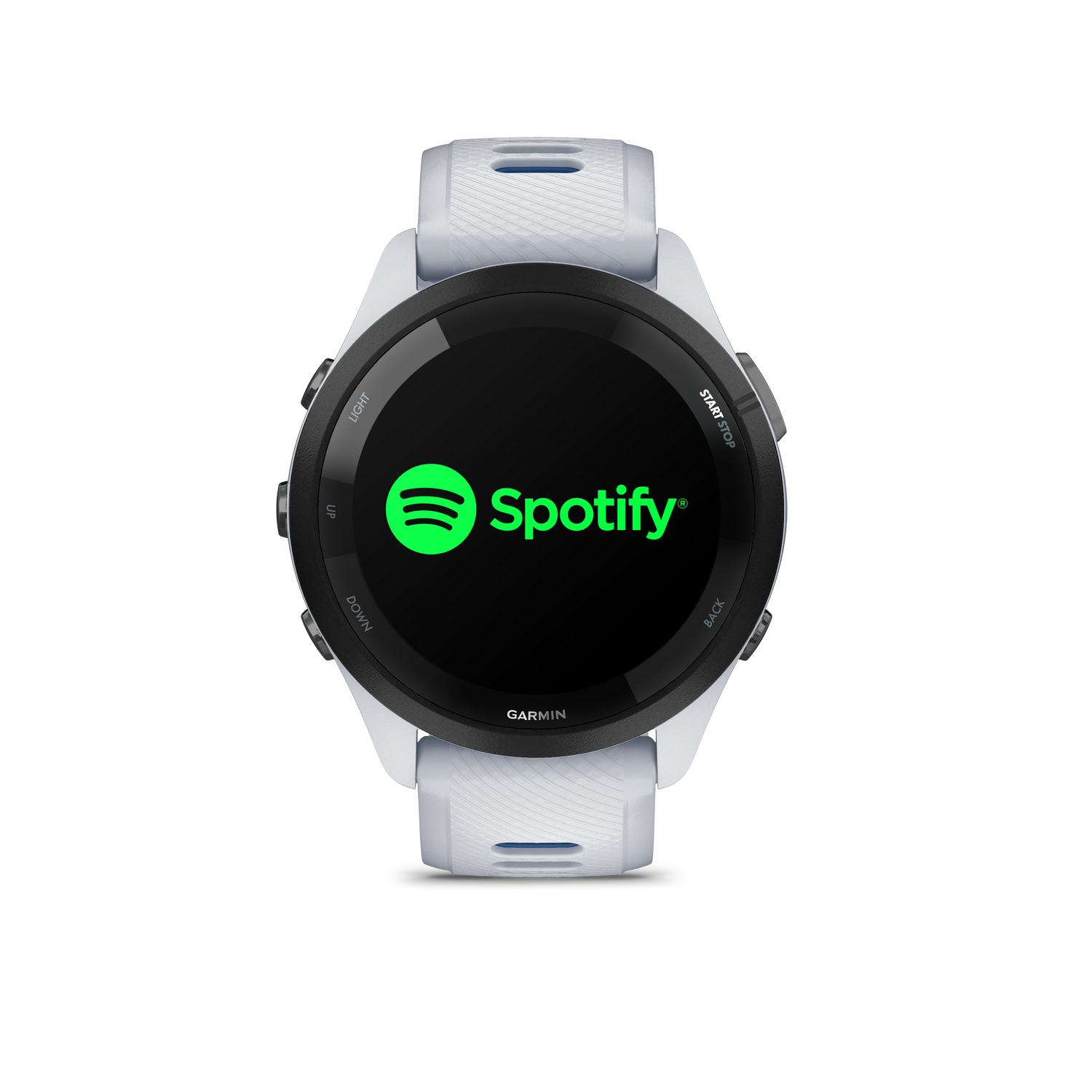 Un smartwatch Garmin blanco muestra el logo de Spotify en su pantalla.