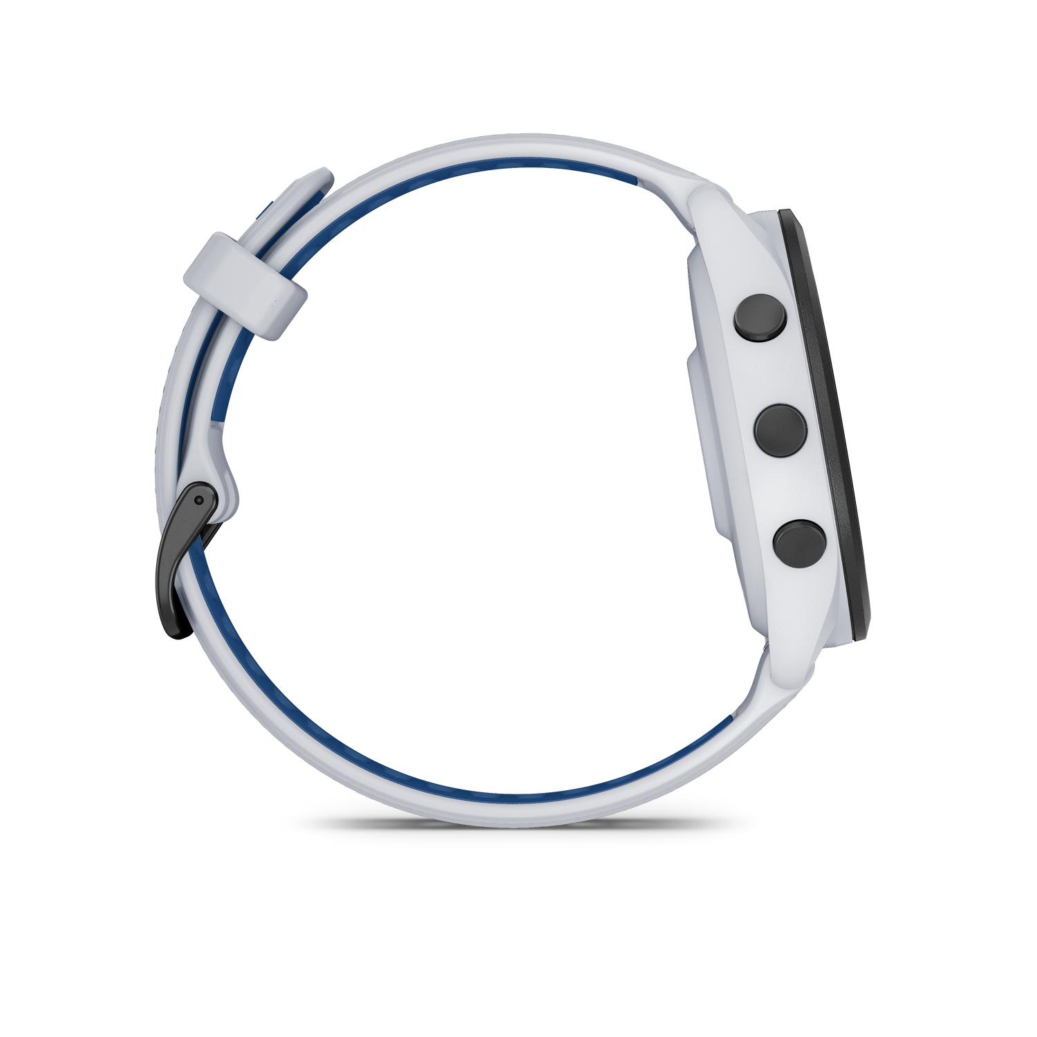 Un reloj inteligente blanco con banda azul y tres botones negros.