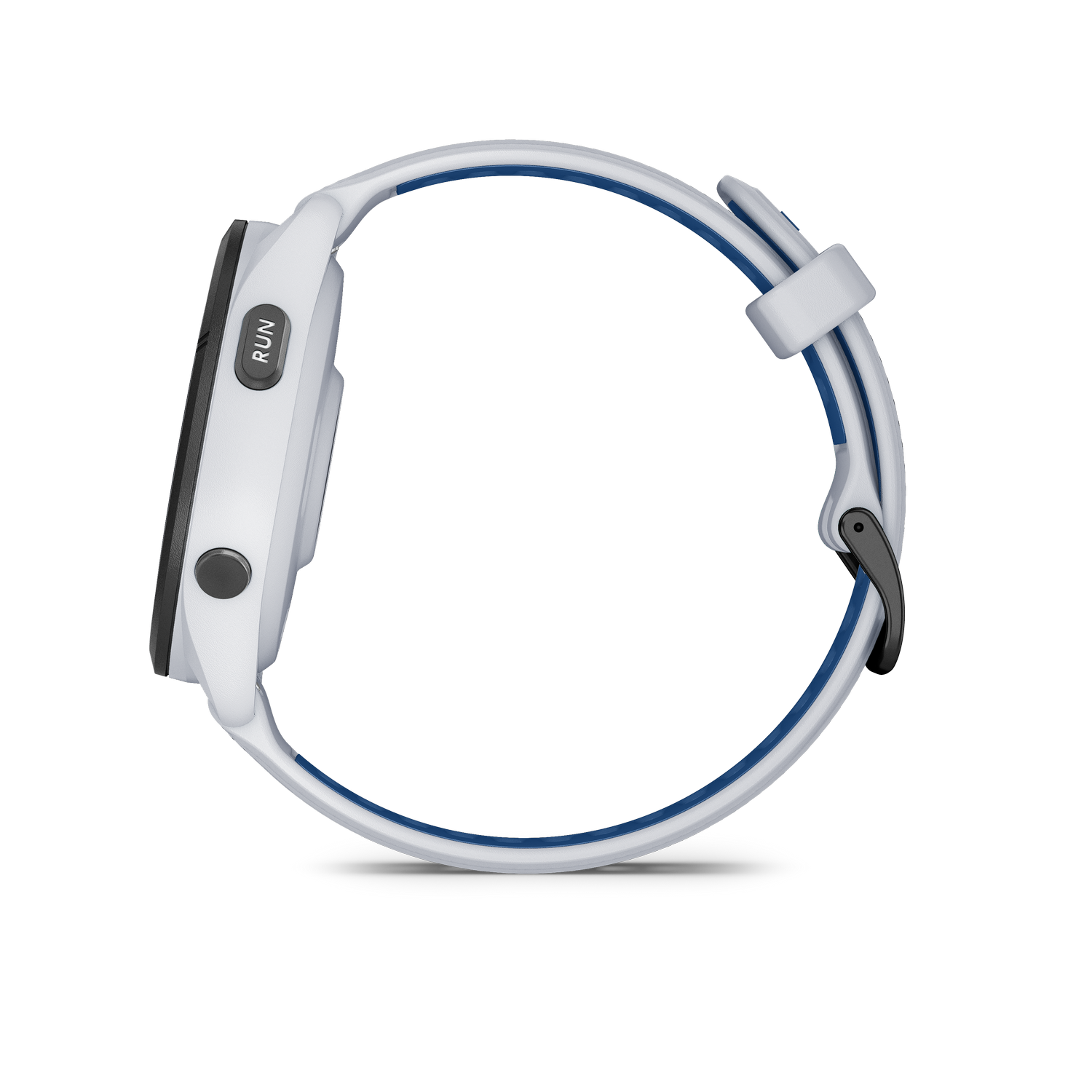 Un reloj deportivo blanco con franja azul y botón RUN.