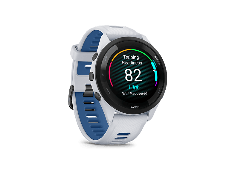 Reloj deportivo - Garmin Forerunner 265, Blanco/Azul, 22mm, Pantalla Táctil AMOLED 1.3", 13 días Autonomía, Morning Report, 8GB