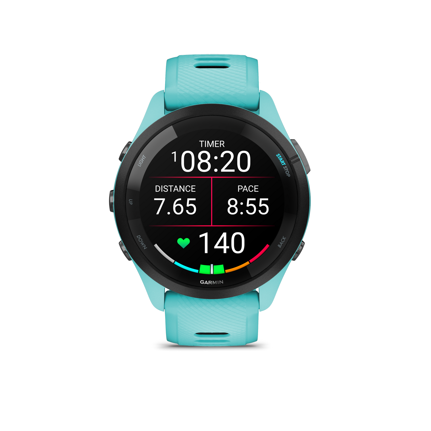 Un reloj inteligente Garmin turquesa muestra temporizador, distancia, ritmo y ritmo cardíaco.
