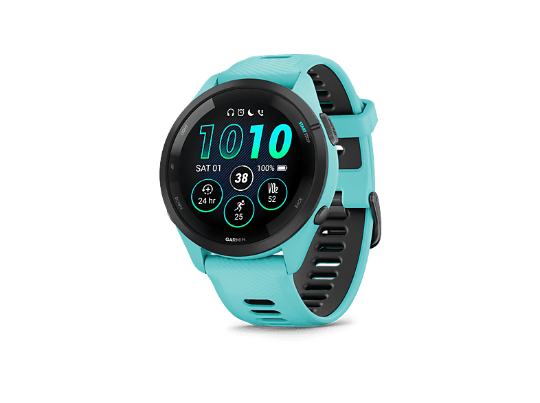 Reloj deportivo - Garmin Forerunner 265, Turquesa/Negro, 22mm, Pantalla Táctil AMOLED 1.3", 13 días Autonomía, Morning Report, 8GB