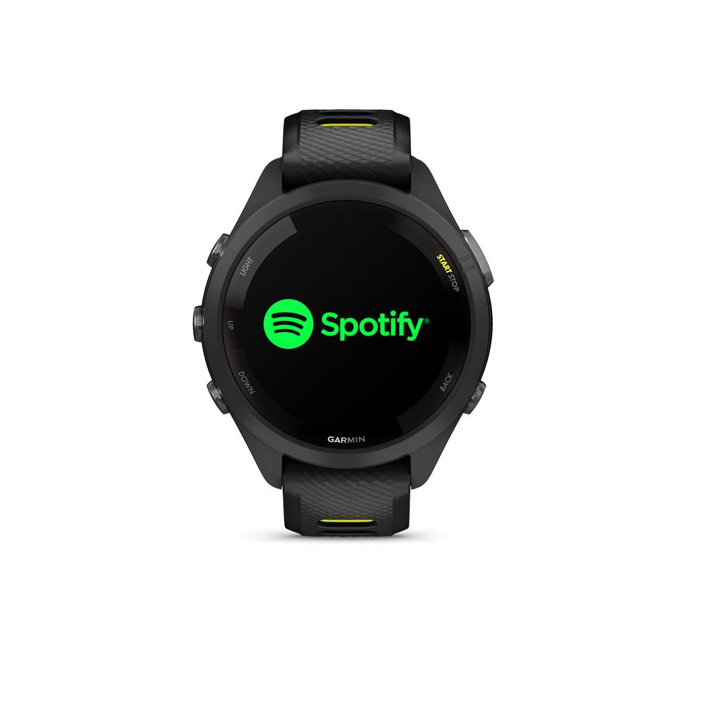 Reloj inteligente negro con el logo de Spotify en pantalla.