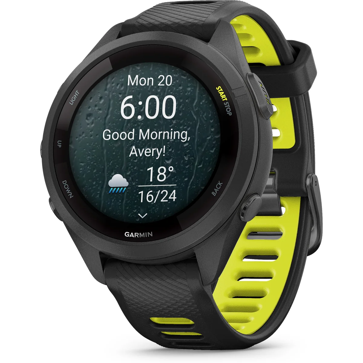 Reloj inteligente negro con detalles amarillos y iconos del tiempo en pantalla.