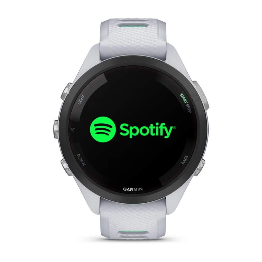 Un reloj inteligente Garmin blanco con el logo de Spotify en pantalla negra.