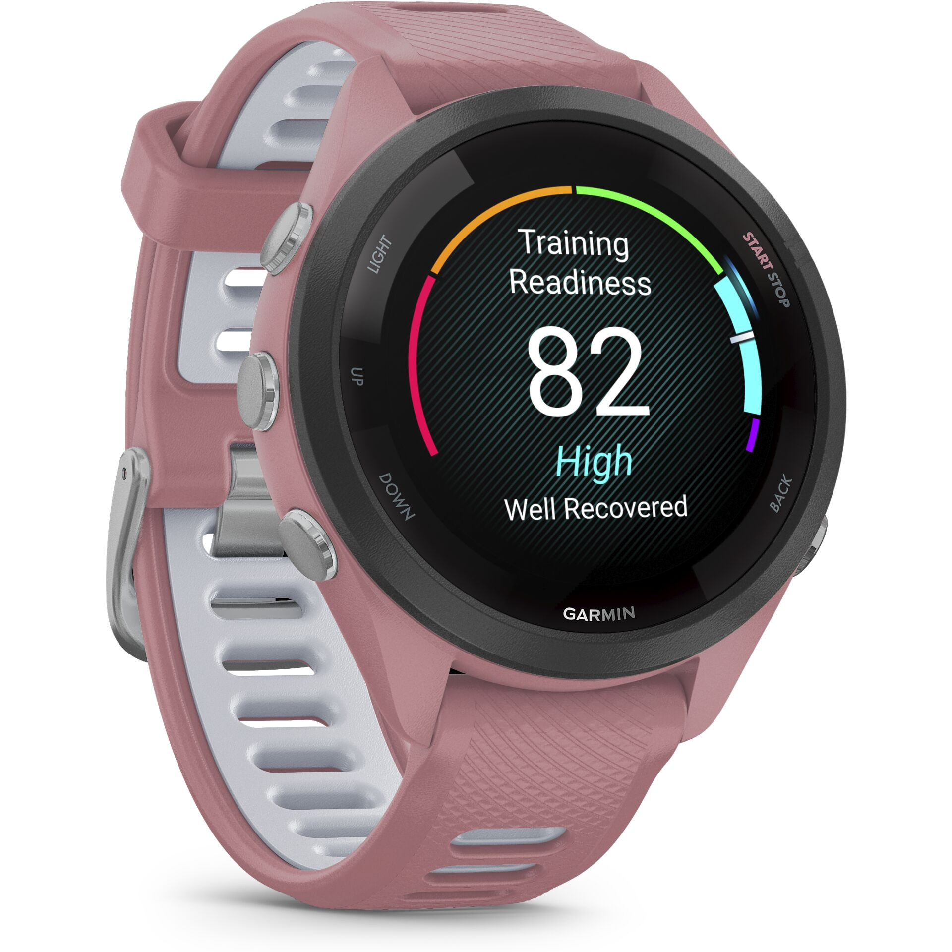 Un smartwatch Garmin rosa que muestra una preparación de entrenamiento de 82.