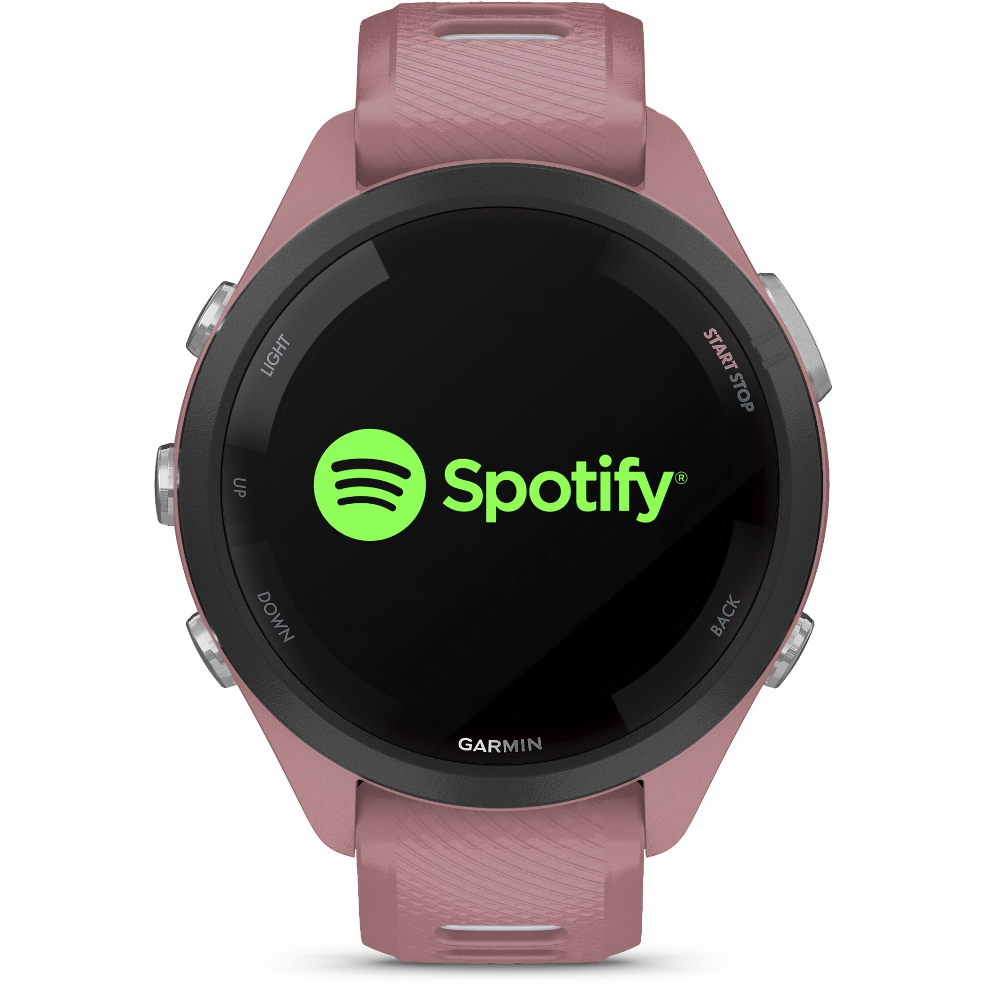 Un reloj inteligente rosa que muestra el logo de Spotify en su pantalla oscura.