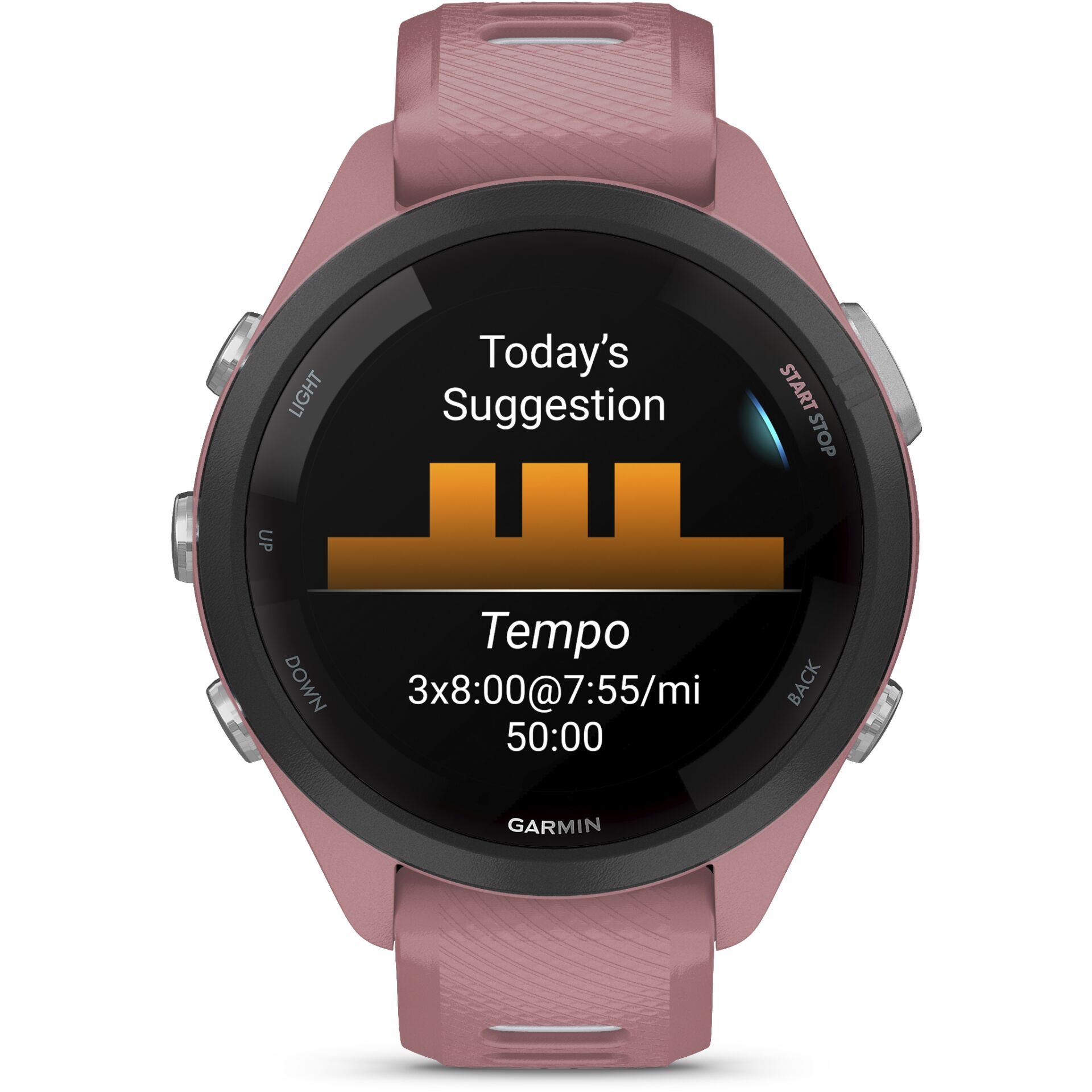Un reloj inteligente rosa muestra una sugerencia de entrenamiento de tempo.
