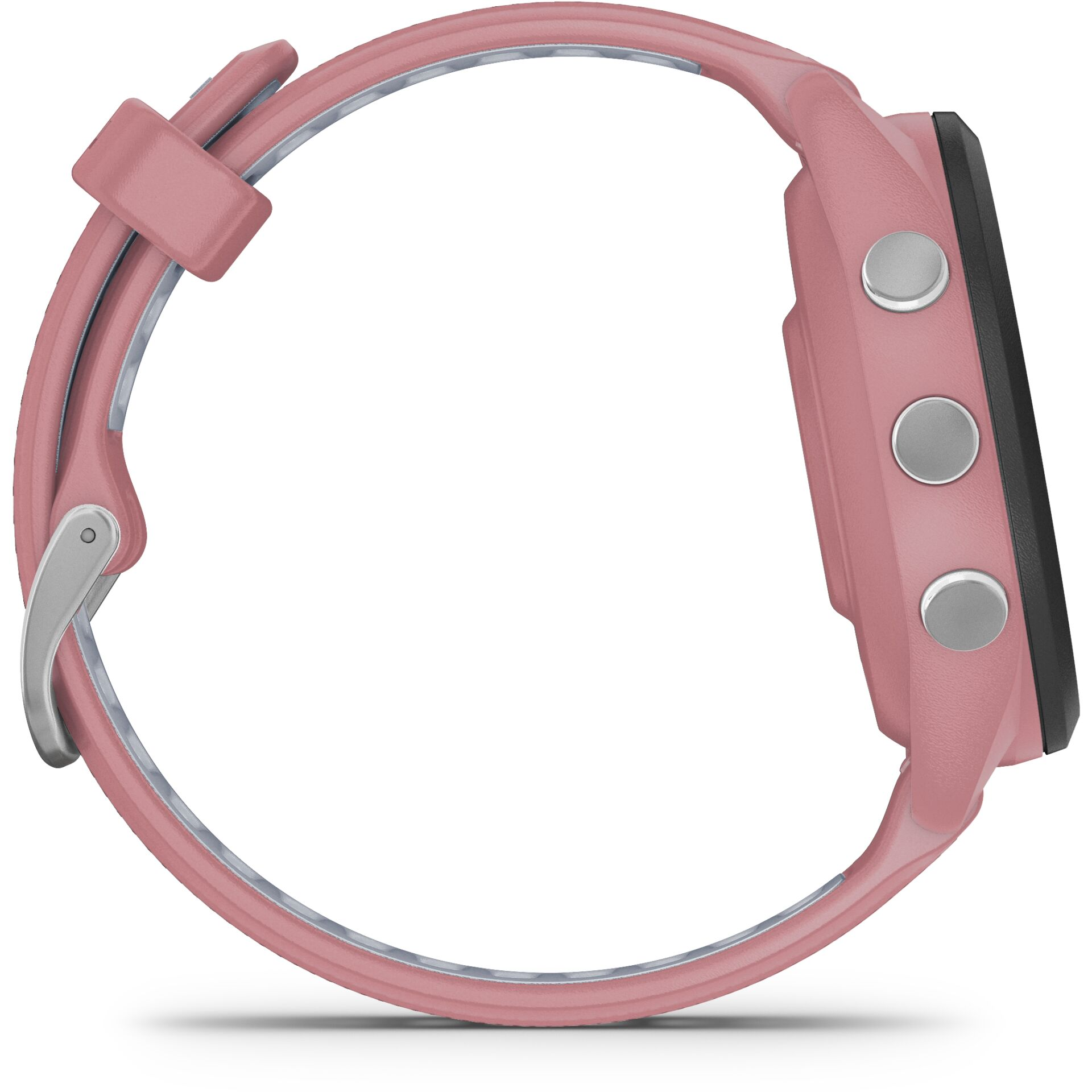 Un reloj inteligente rosa con botones plateados y pantalla negra.