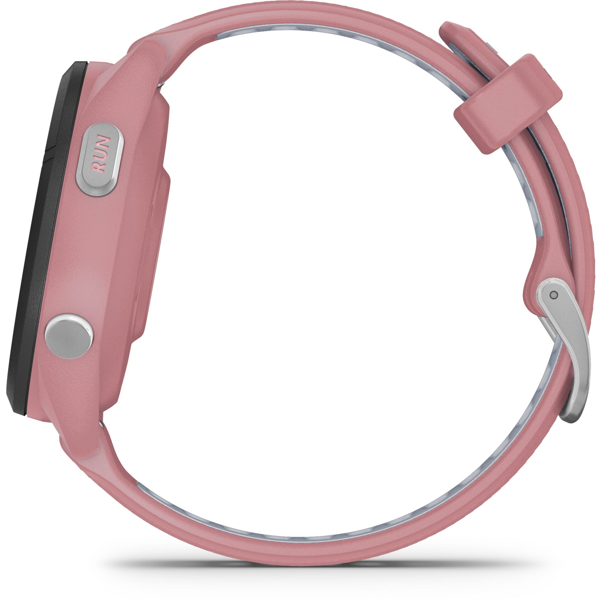 Un reloj inteligente rosa con banda plateada y botón RUN.