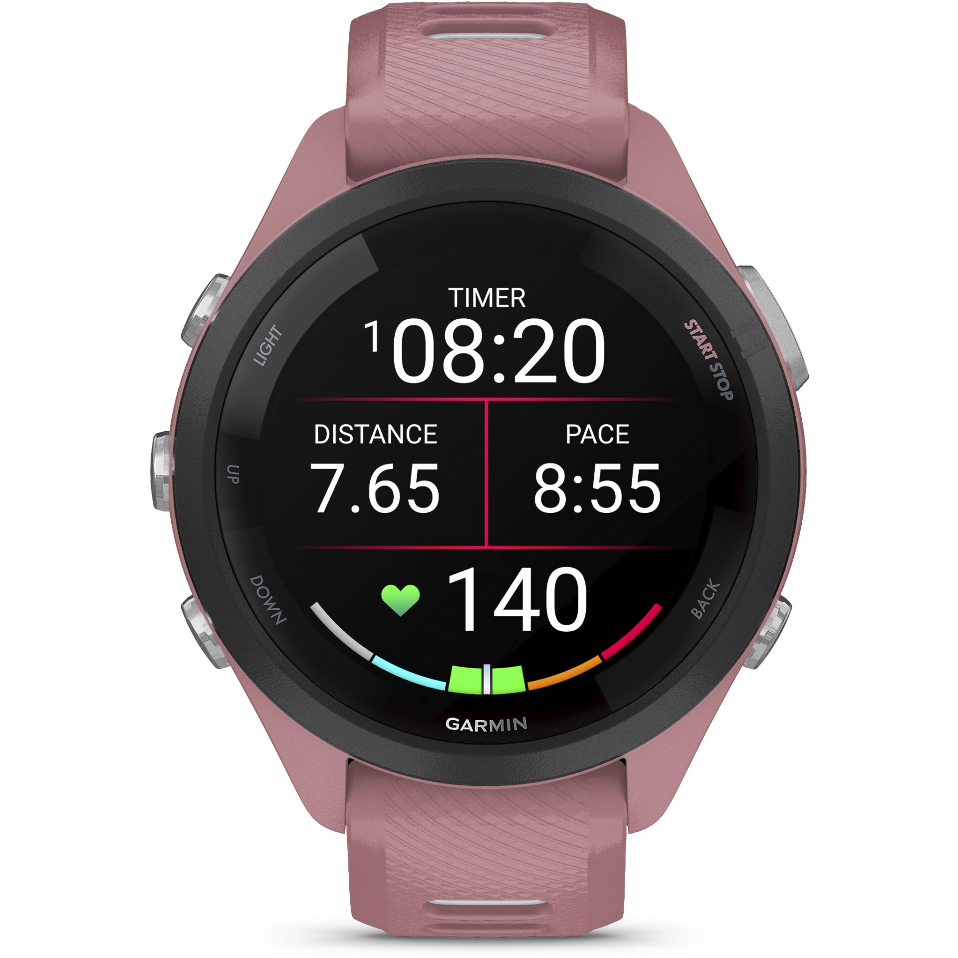 Un reloj Garmin rosa muestra datos de temporizador, distancia, ritmo y frecuencia cardíaca.