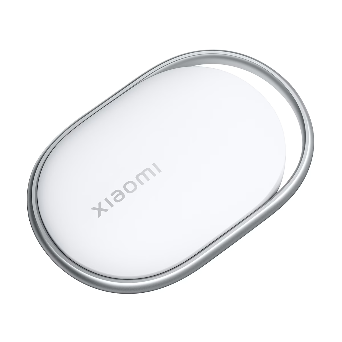 Un dispositivo ovalado blanco de Xiaomi con marco de metal plateado, aislado sobre fondo blanco.