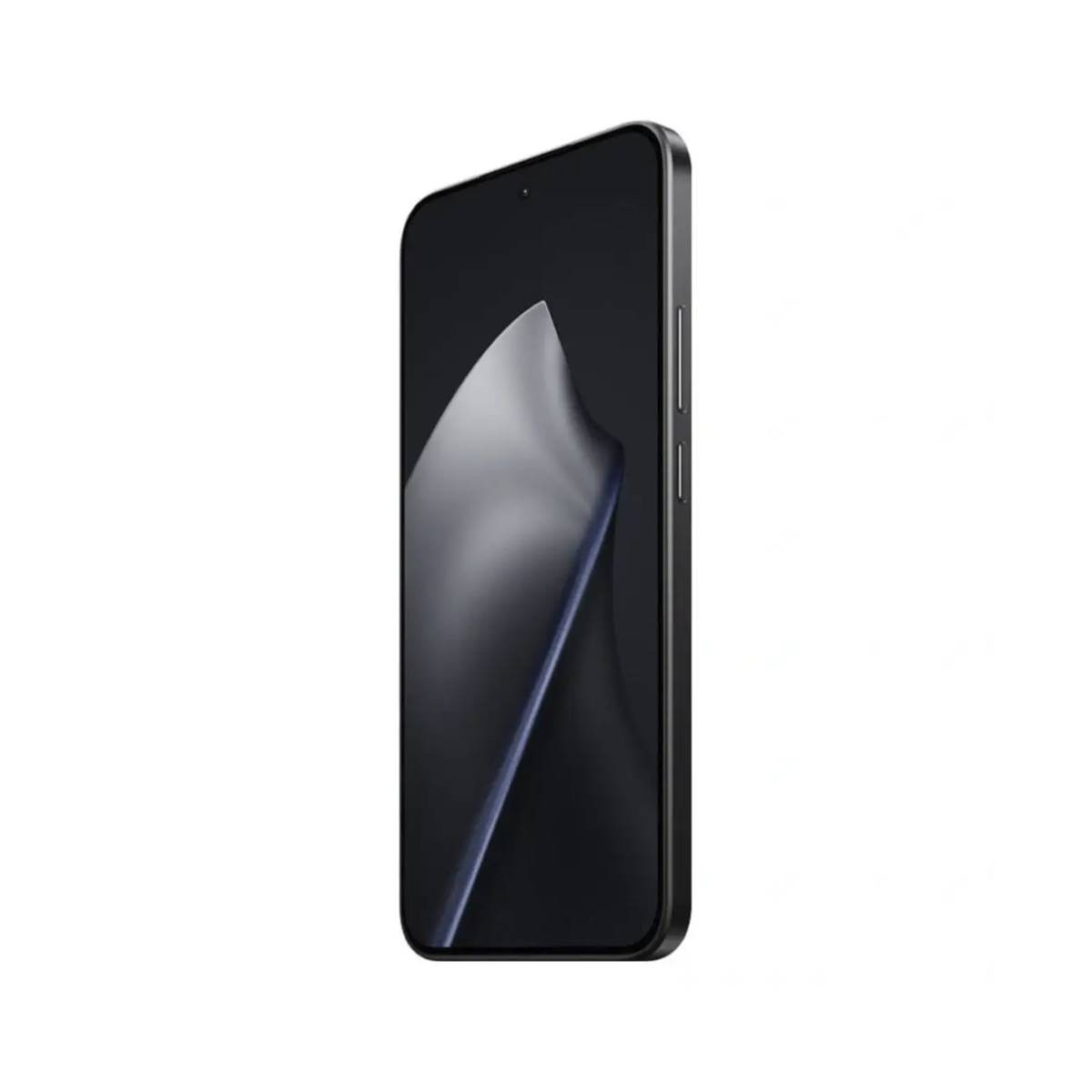 Teléfono inteligente negro con esquinas redondeadas, vista lateral, diseño minimalista.