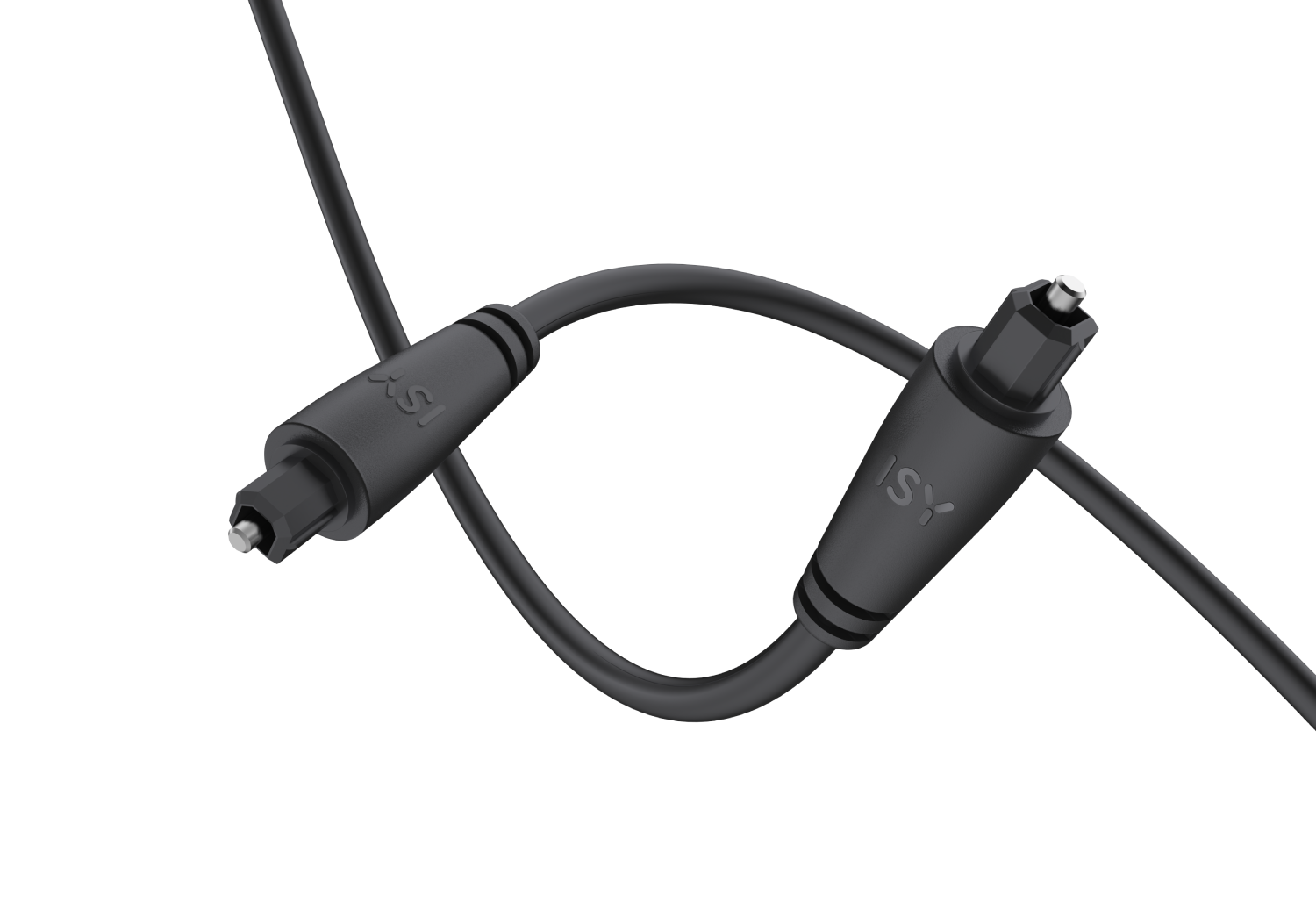Un cable de audio óptico negro con dos conectores TOSLINK, doblado en el medio.