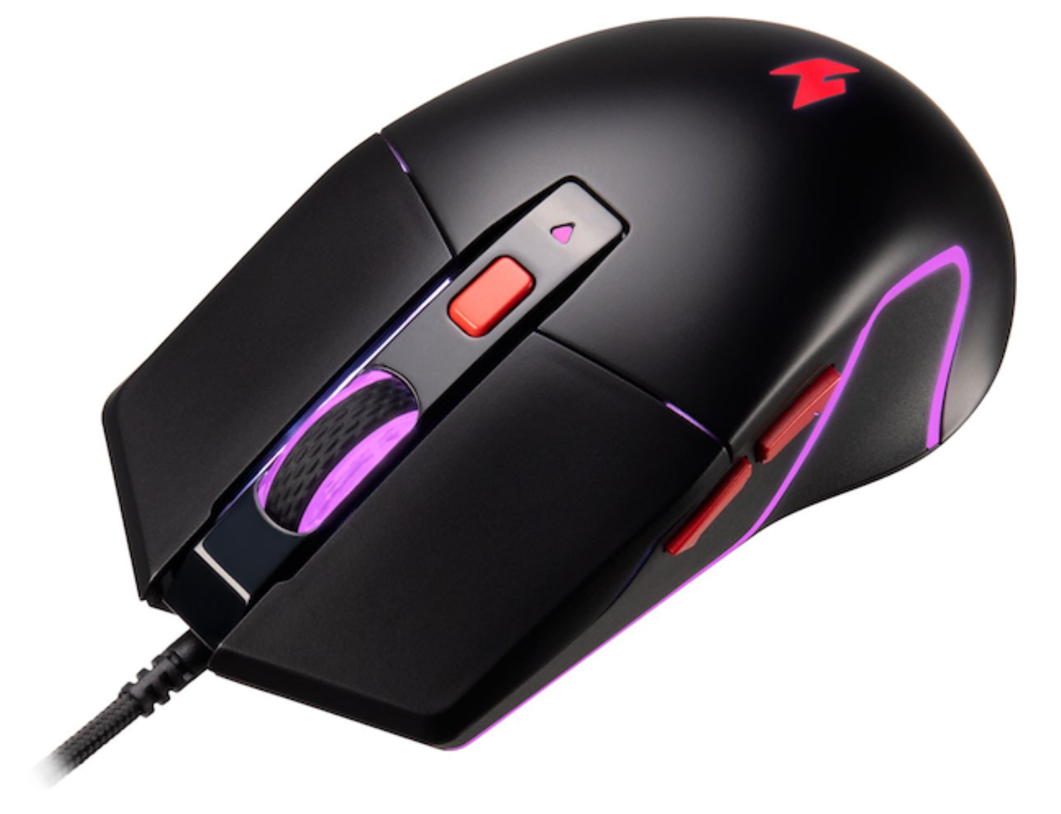 Ratón gaming negro con botones rojos, rueda y luces moradas.