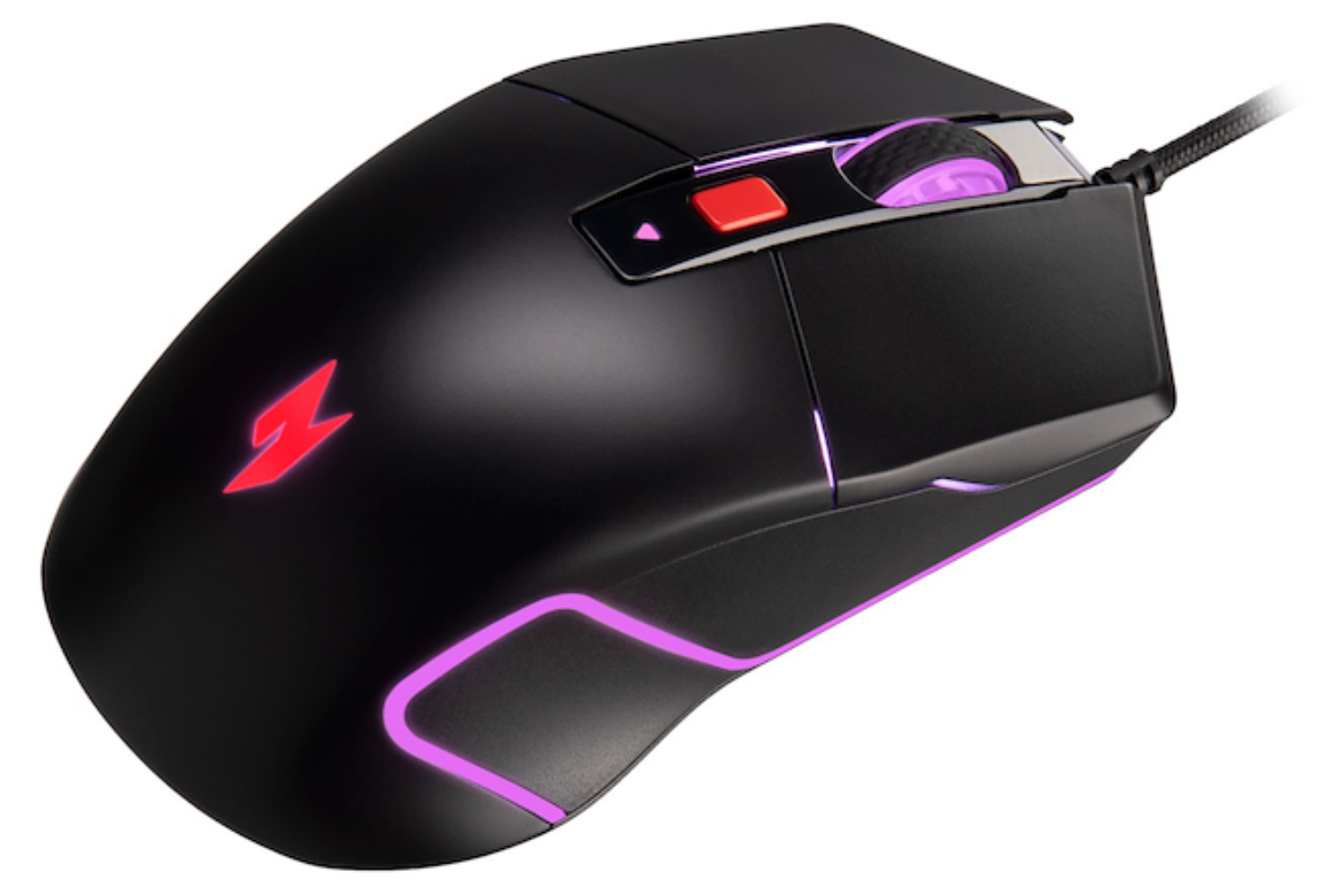Ratón gaming negro con logo de rayo rojo e iluminación púrpura.