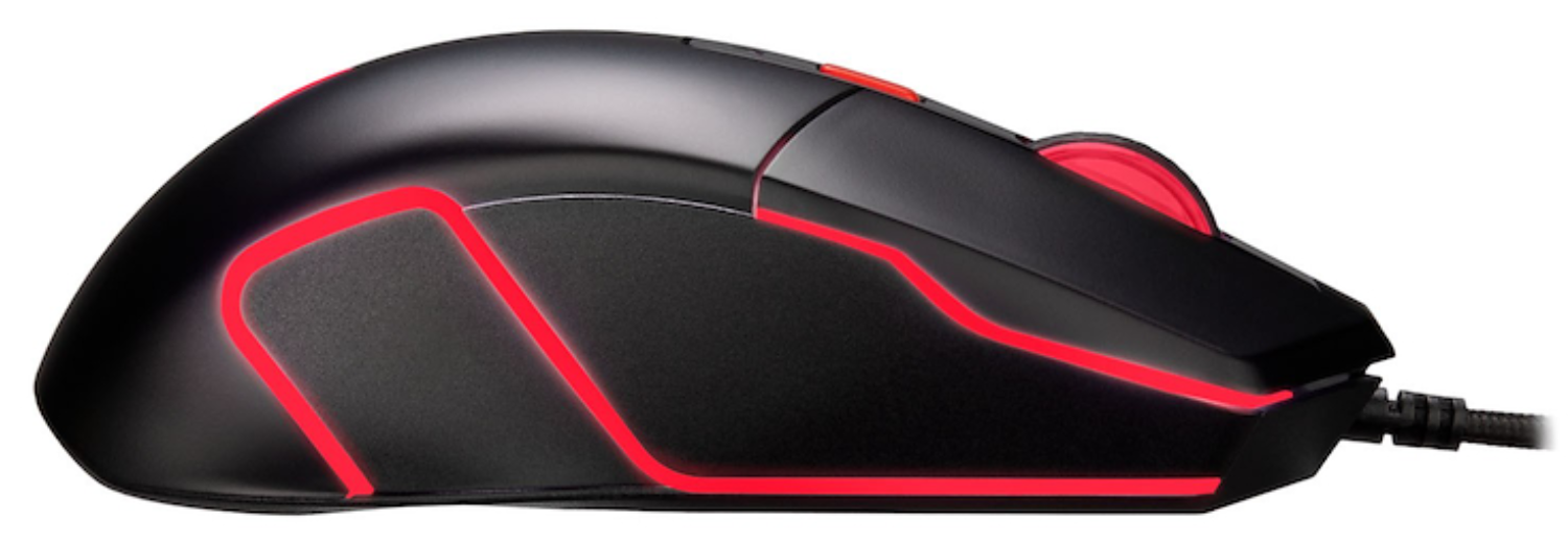 Ratón negro con acentos iluminados rojos y rueda de desplazamiento.