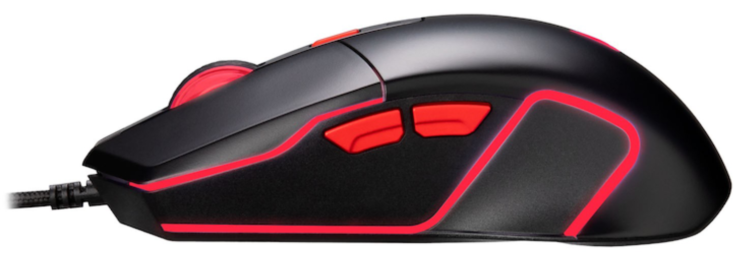 Ratón gamer negro con acentos rojos y líneas iluminadas.