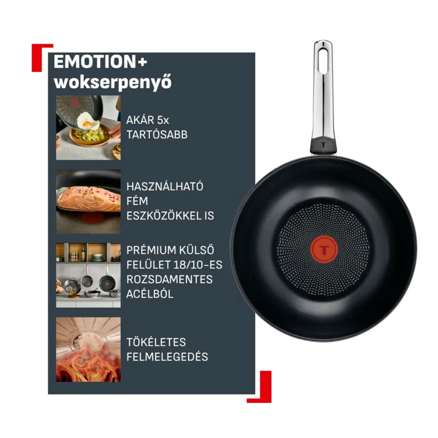 Fekete wok ezüst nyéllel és piros díszítéssel, információs panel mellett.