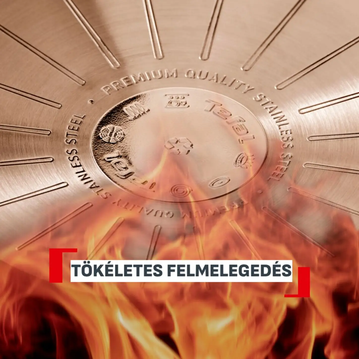 Serpenyő alja lángokkal és szöveg: TÖKÉLETES FELMELEGEDÉS.