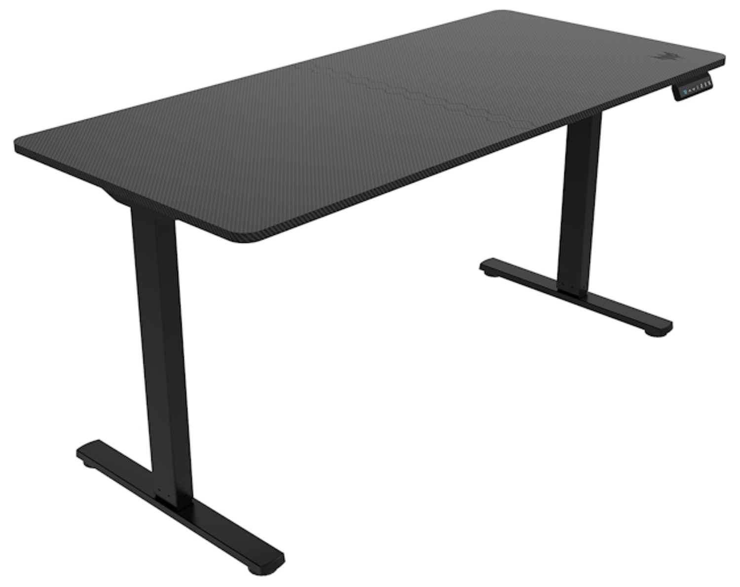 Un escritorio elevable negro con patrón de fibra de carbono y panel de control.