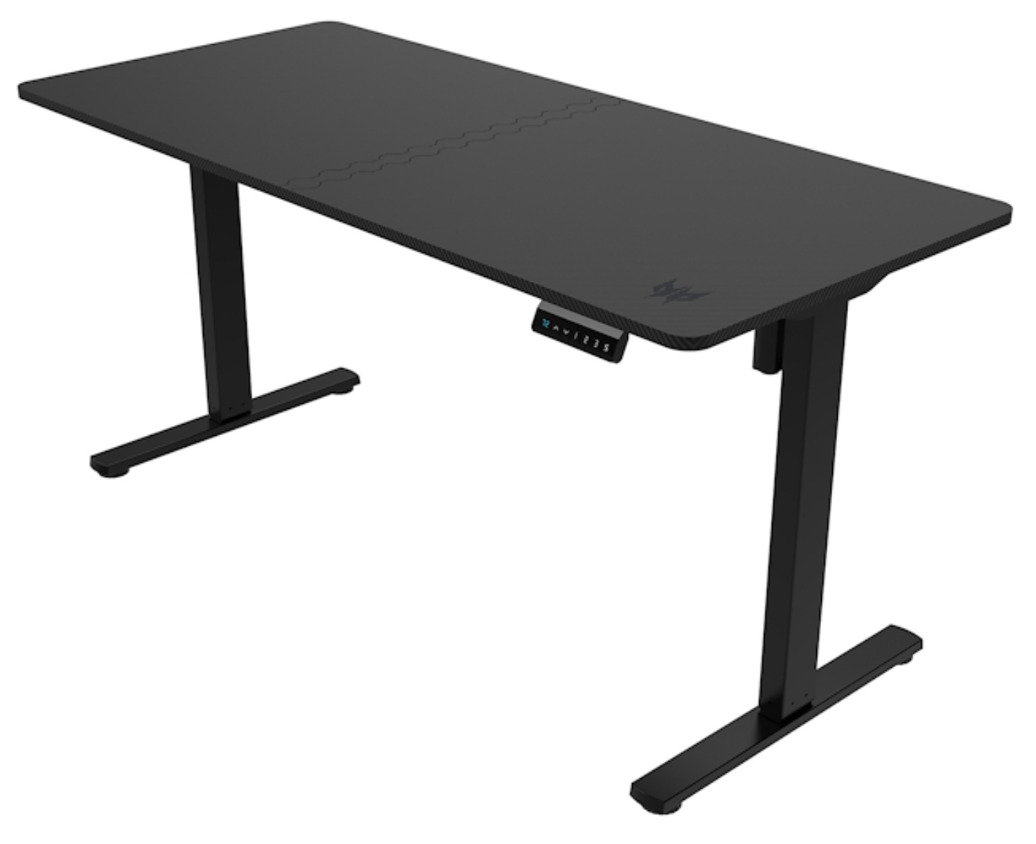Un escritorio negro regulable en altura con dos patas y bases en forma de T.