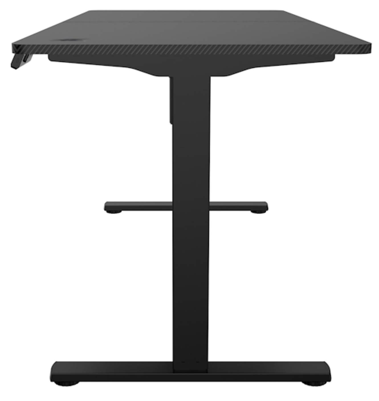 Un escritorio negro regulable en altura con tablero texturizado y dos soportes.