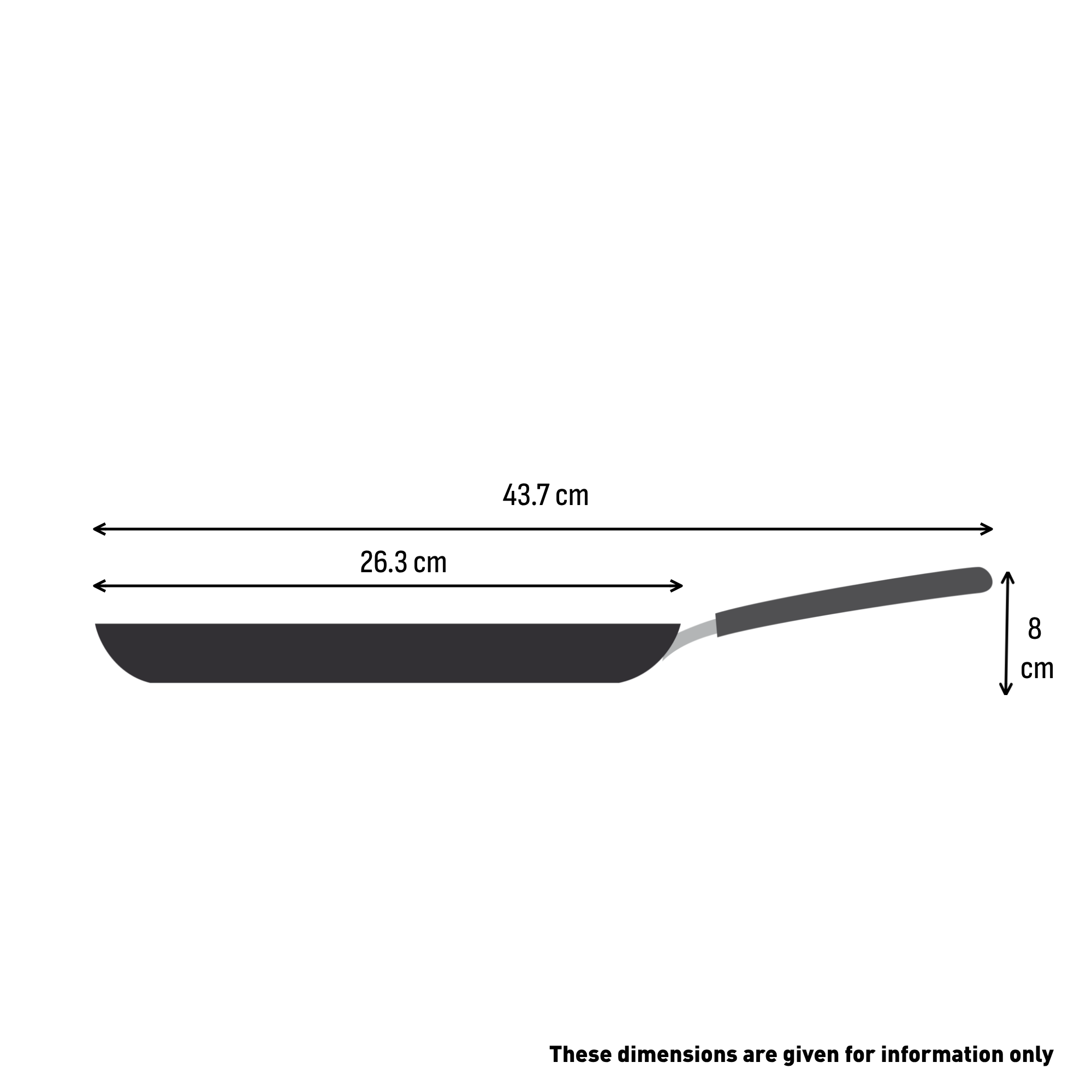 Egy fekete serpenyő fogantyúval. Méretek: H 43,7 cm, Sz 26,3 cm, M 8 cm.