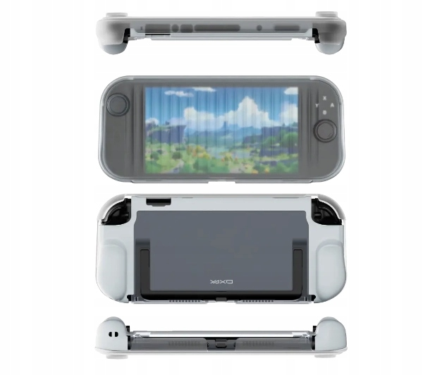 Cztery widoki przezroczystej konsoli przenośnej z krajobrazem na ekranie.