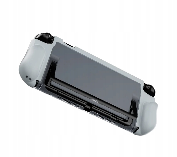 Białe urządzenie podręczne z ciemnym ekranem i czarnymi uchwytami.