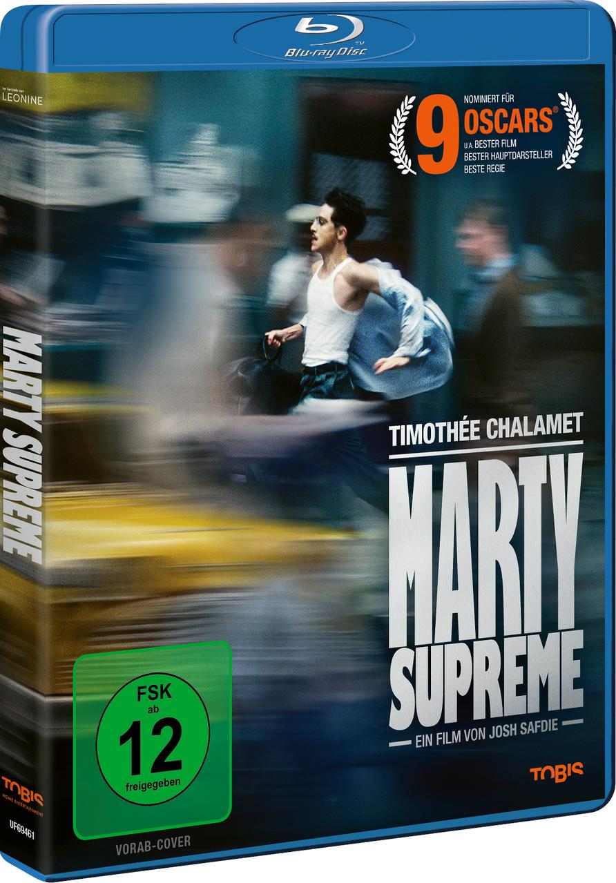 Blu-ray Cover: Mann in weißem Tanktop rennt, "Marty Supreme" Titel, Oscar-Nominierungen.