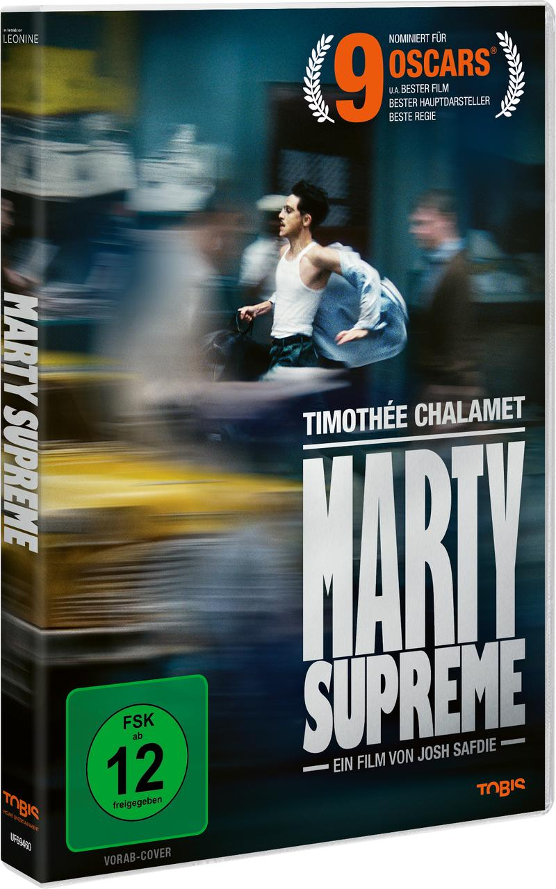 Ein Mann rennt, der Filmtitel 'Marty Supreme' und 9 Oscar-Nominierungen sind sichtbar.